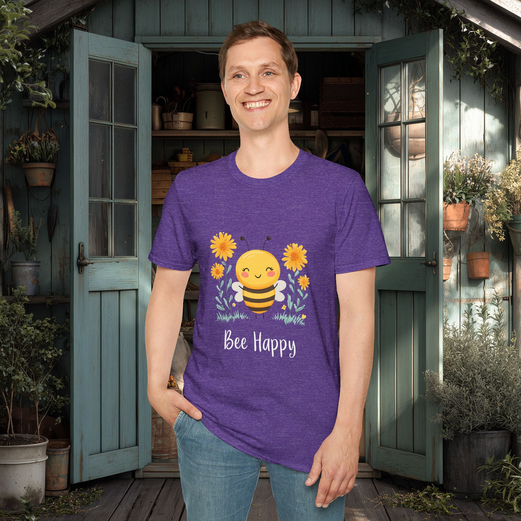 Cartoon Bee Happy Unisex T-Shirt for Gardeners, Nature Lovers, Bee Enthusiasts