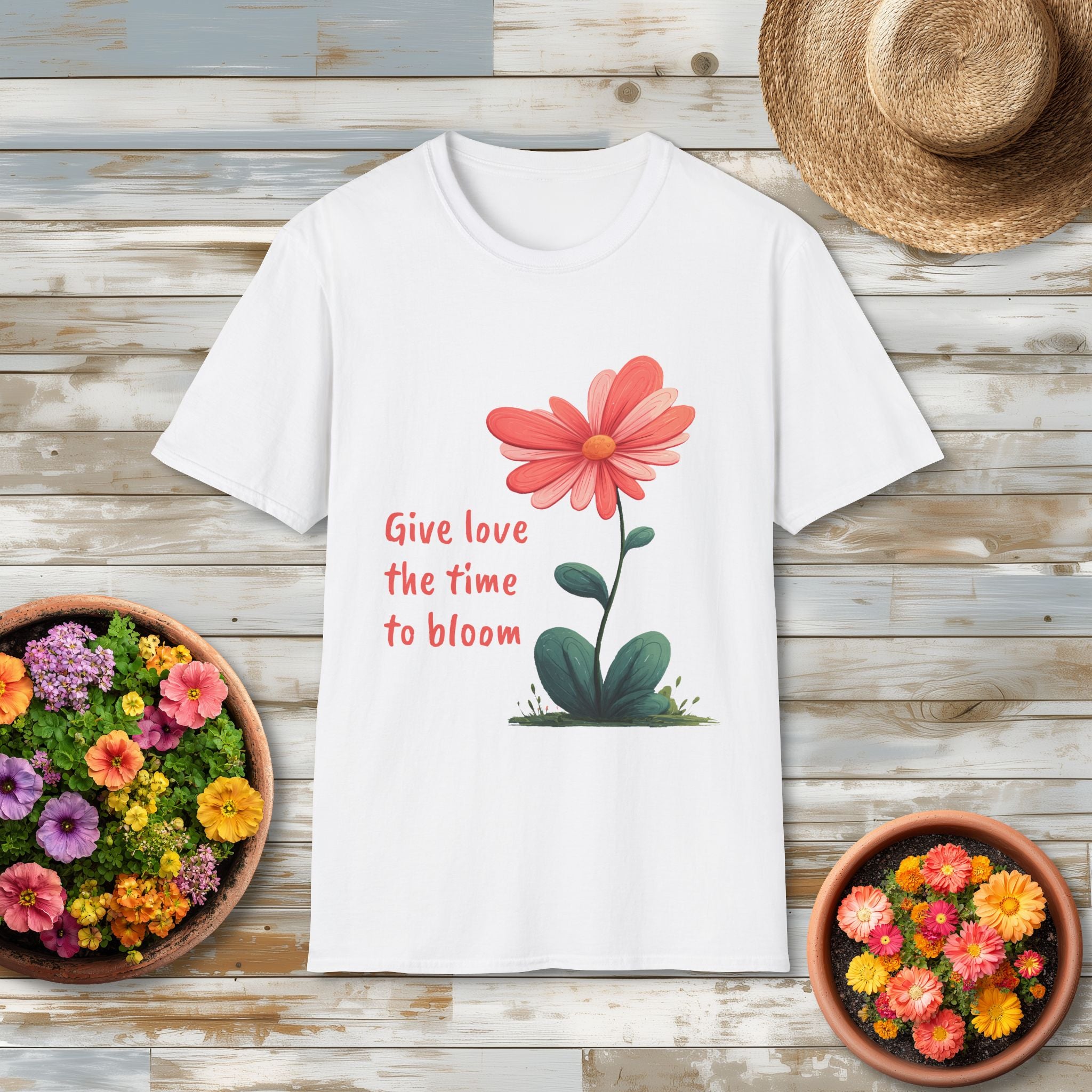 Give Love the Time to Bloom - Retro Cartoon Heart Flower T-Shirt