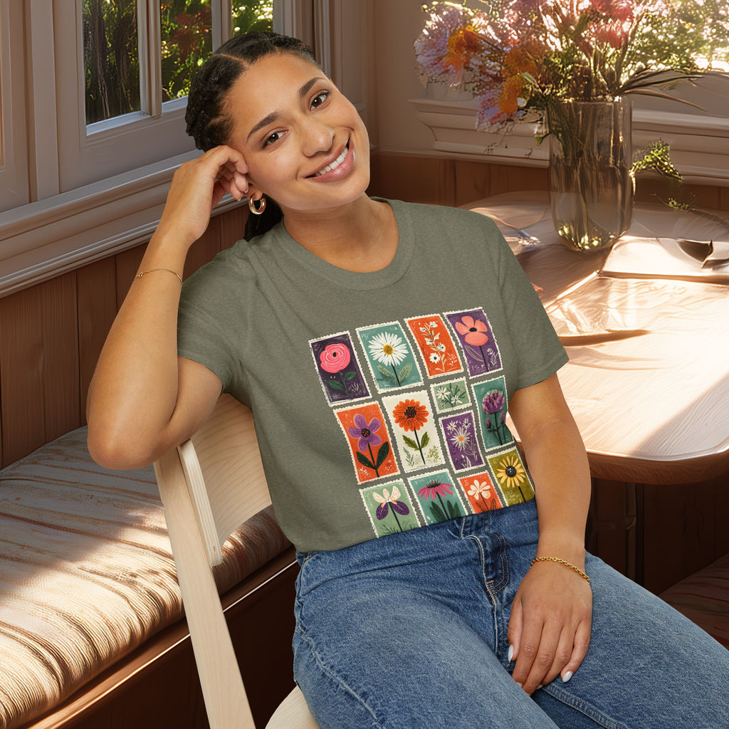 Charming Flower Stamp Collage T-Shirt for Gardeners