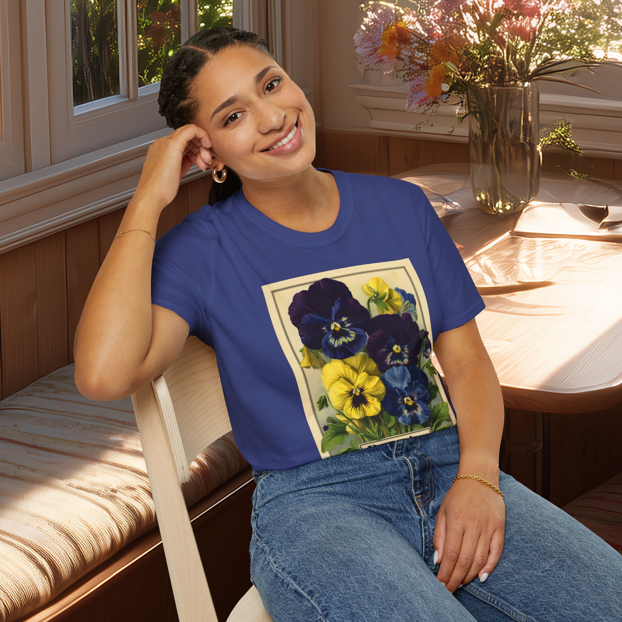 Vintage Pansies Seed Packet Unisex T-Shirt for Gardeners, Nature Lovers, Summer Casual Wear