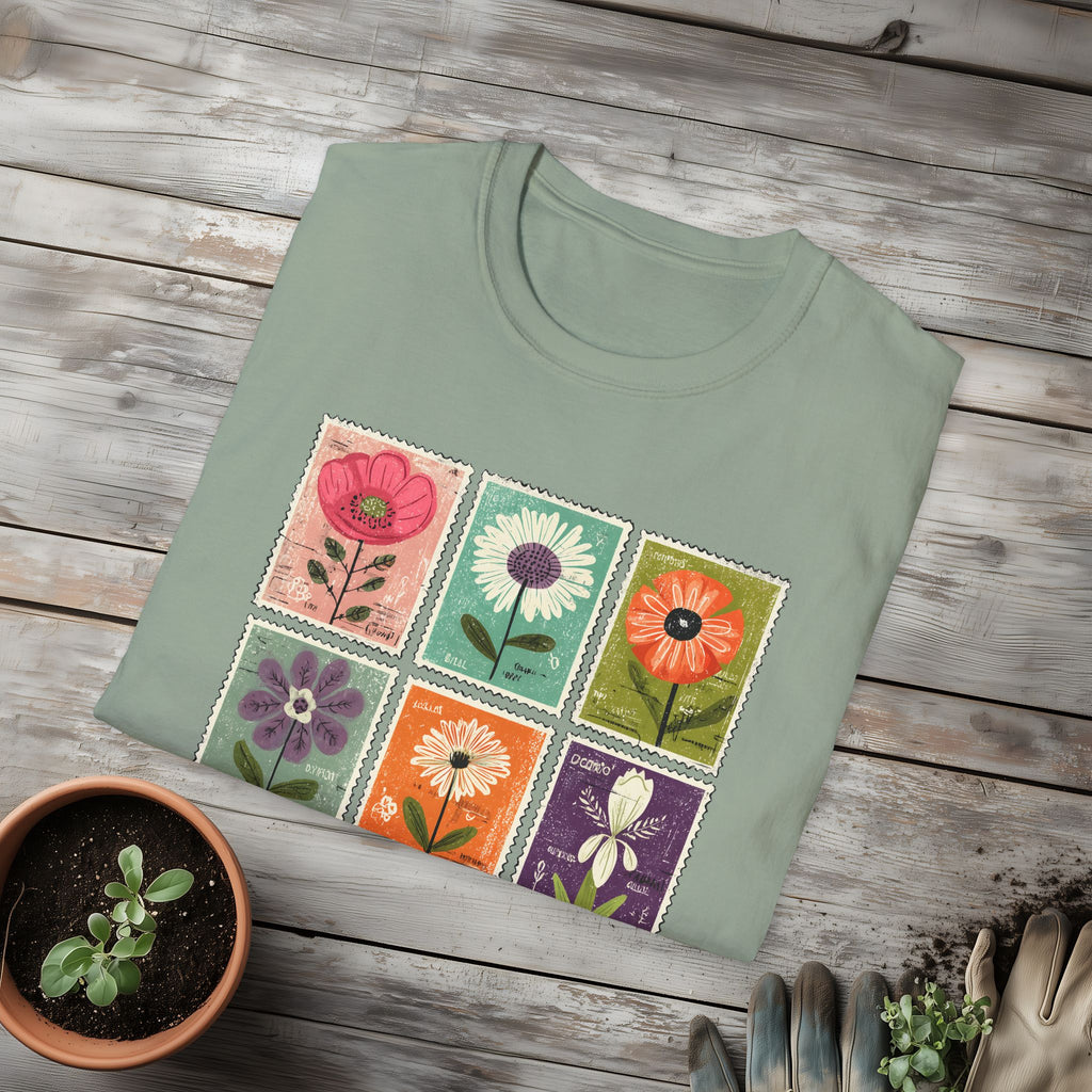 Whimsical Flower Stamp Collage T-Shirt for Gardeners