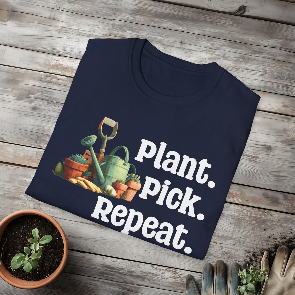Plant Pick Repeat, Cartoon Gardener T-Shirt