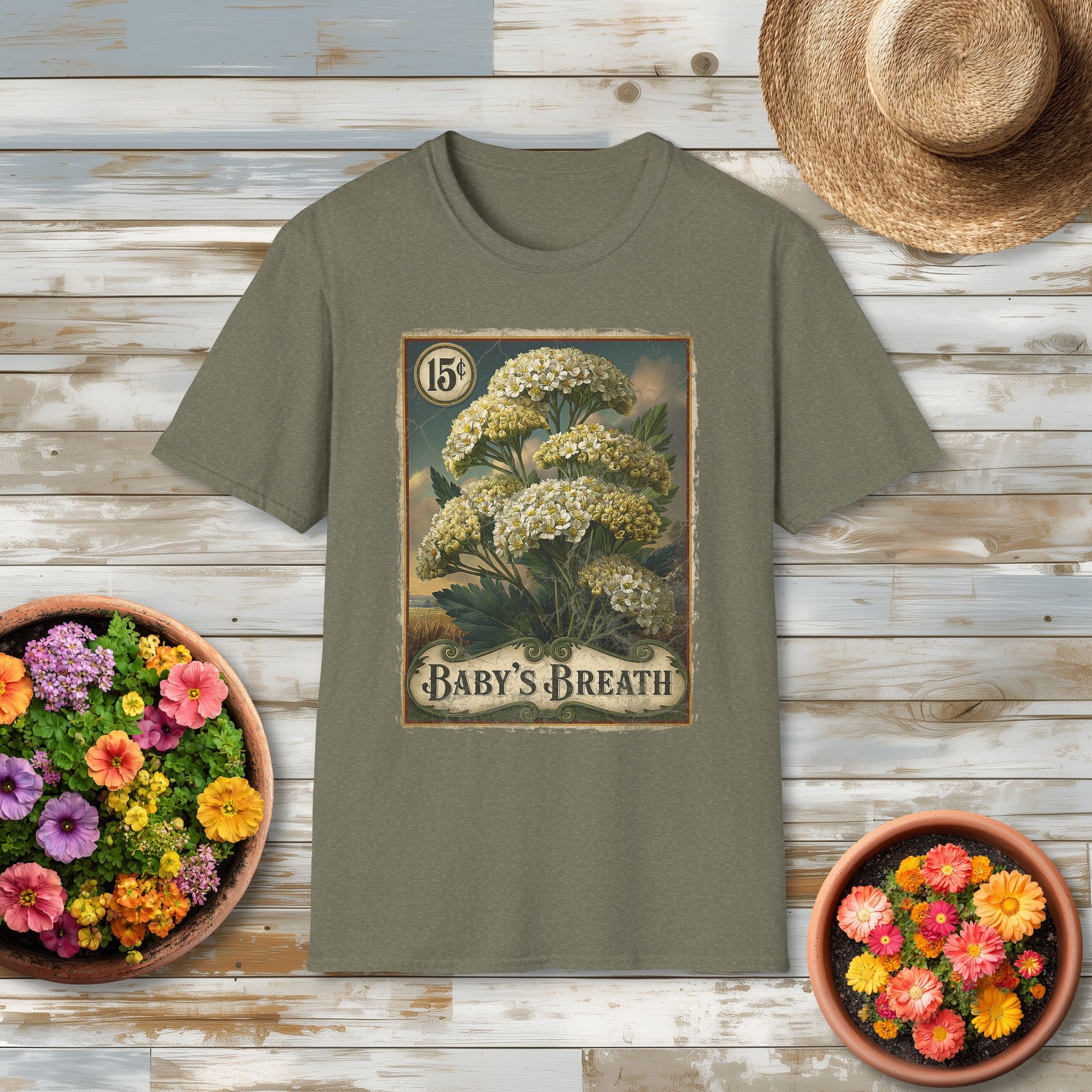 Baby's Breath Seed Packet Vintage Floral T-Shirt for Gardeners