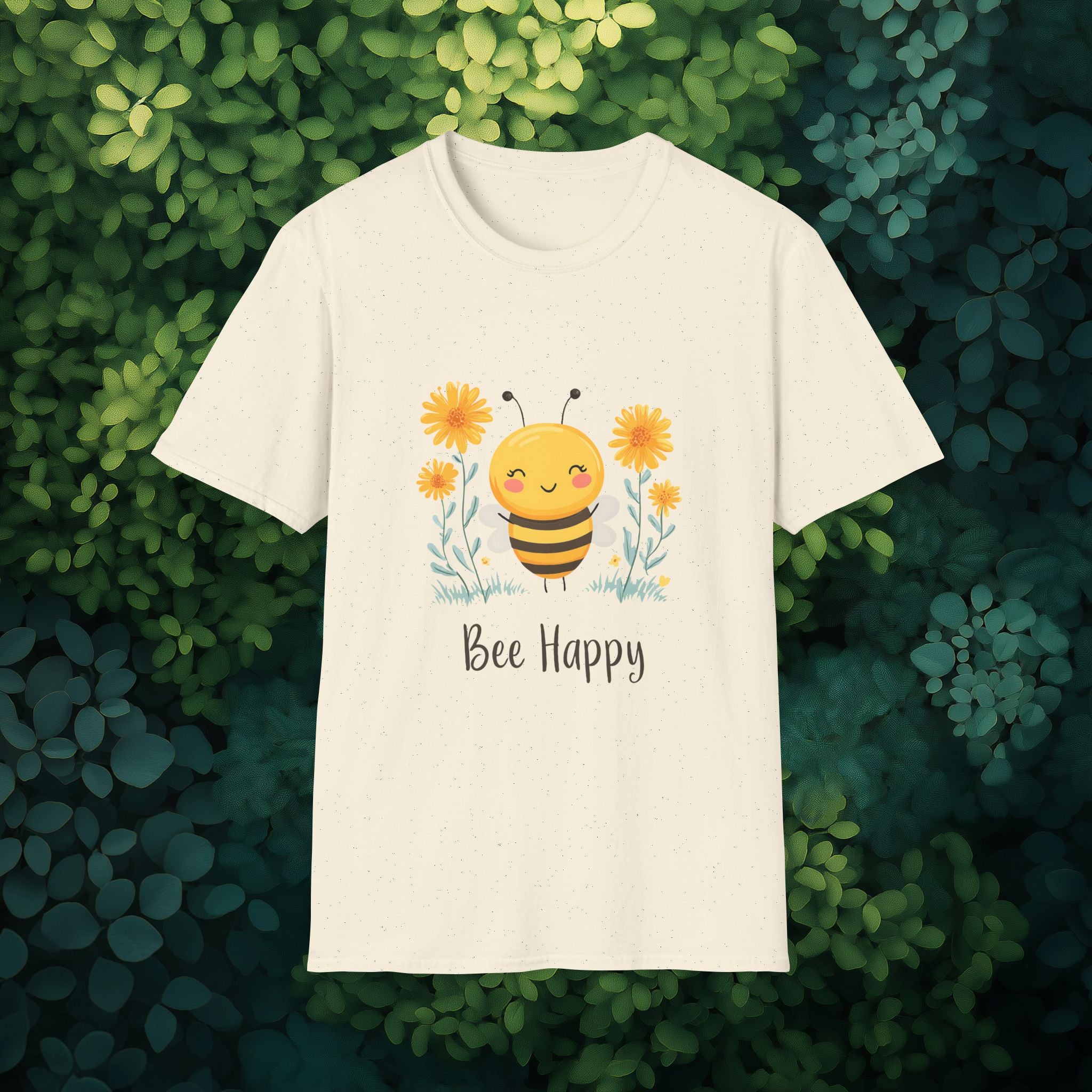 Cartoon Bee Happy Unisex T-Shirt for Gardeners, Nature Lovers, Bee Enthusiasts