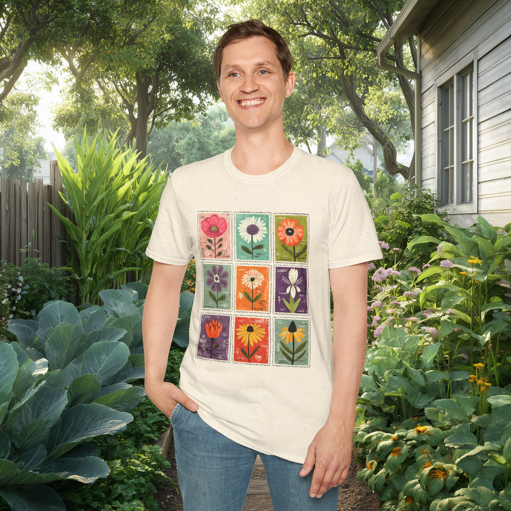 Whimsical Flower Stamp Collage T-Shirt for Gardeners