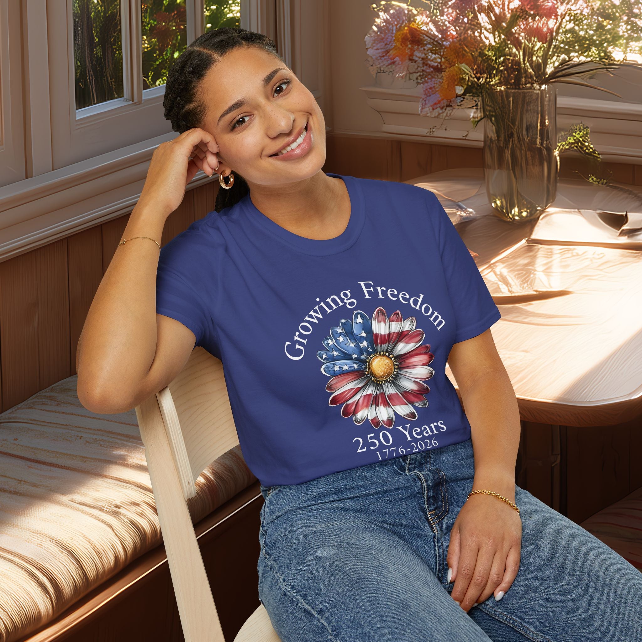 Growing Freedom T-Shirt – 250 Years Patriotic Daisy Design
