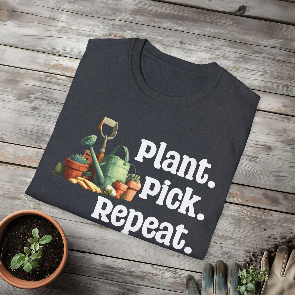Plant Pick Repeat, Cartoon Gardener T-Shirt