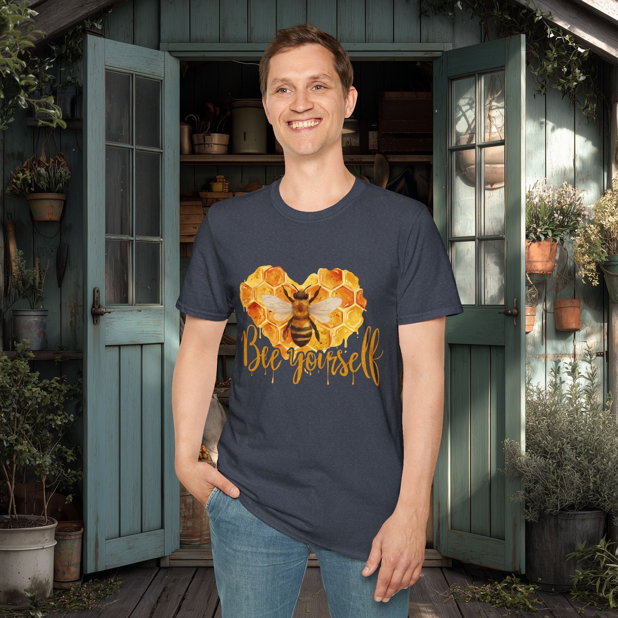 Sweet Honeycomb Heart Bee Yourself Unisex T-Shirt for Gardeners, Nature Lovers, Bee Enthusiasts
