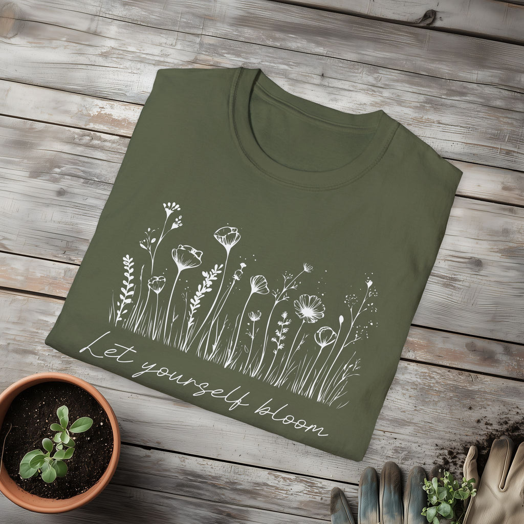 Let Yourself Bloom Motivational Wildflower Line Art T-Shirt