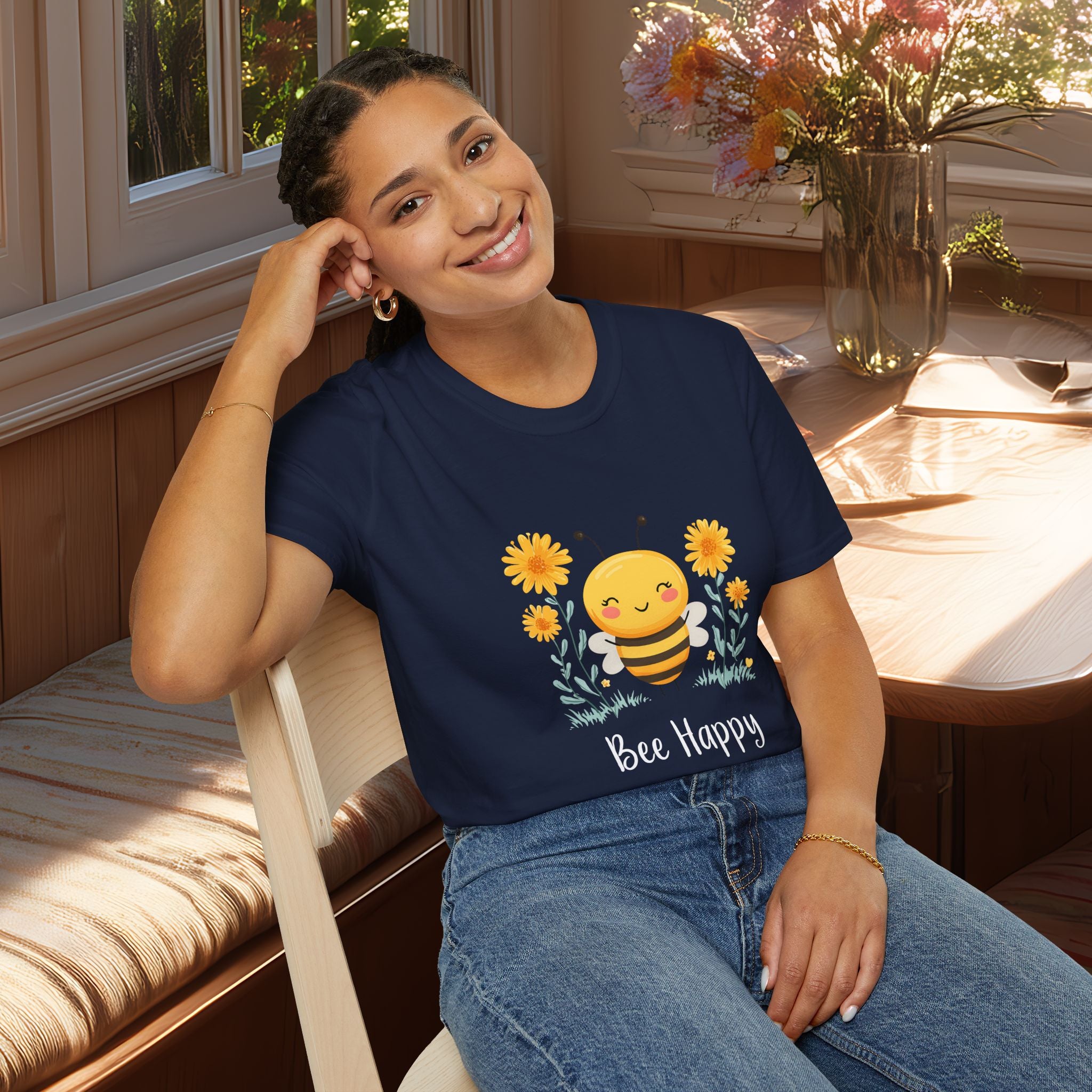 Cartoon Bee Happy Unisex T-Shirt for Gardeners, Nature Lovers, Bee Enthusiasts