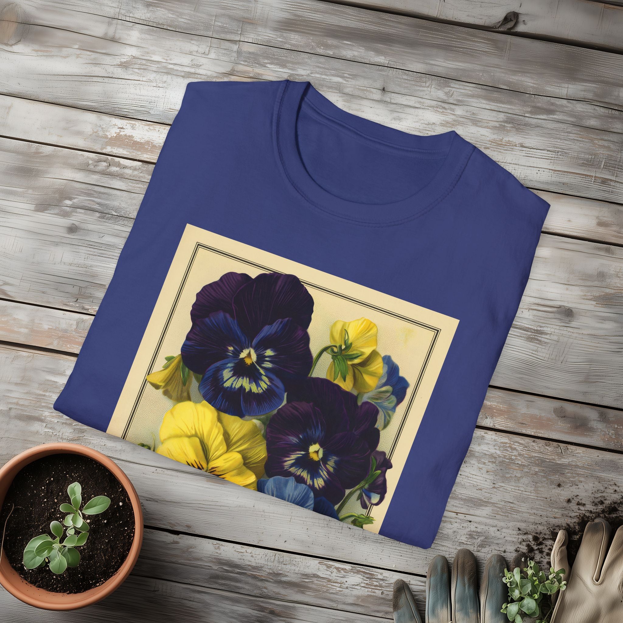 Vintage Pansies Seed Packet Unisex T-Shirt for Gardeners, Nature Lovers, Summer Casual Wear