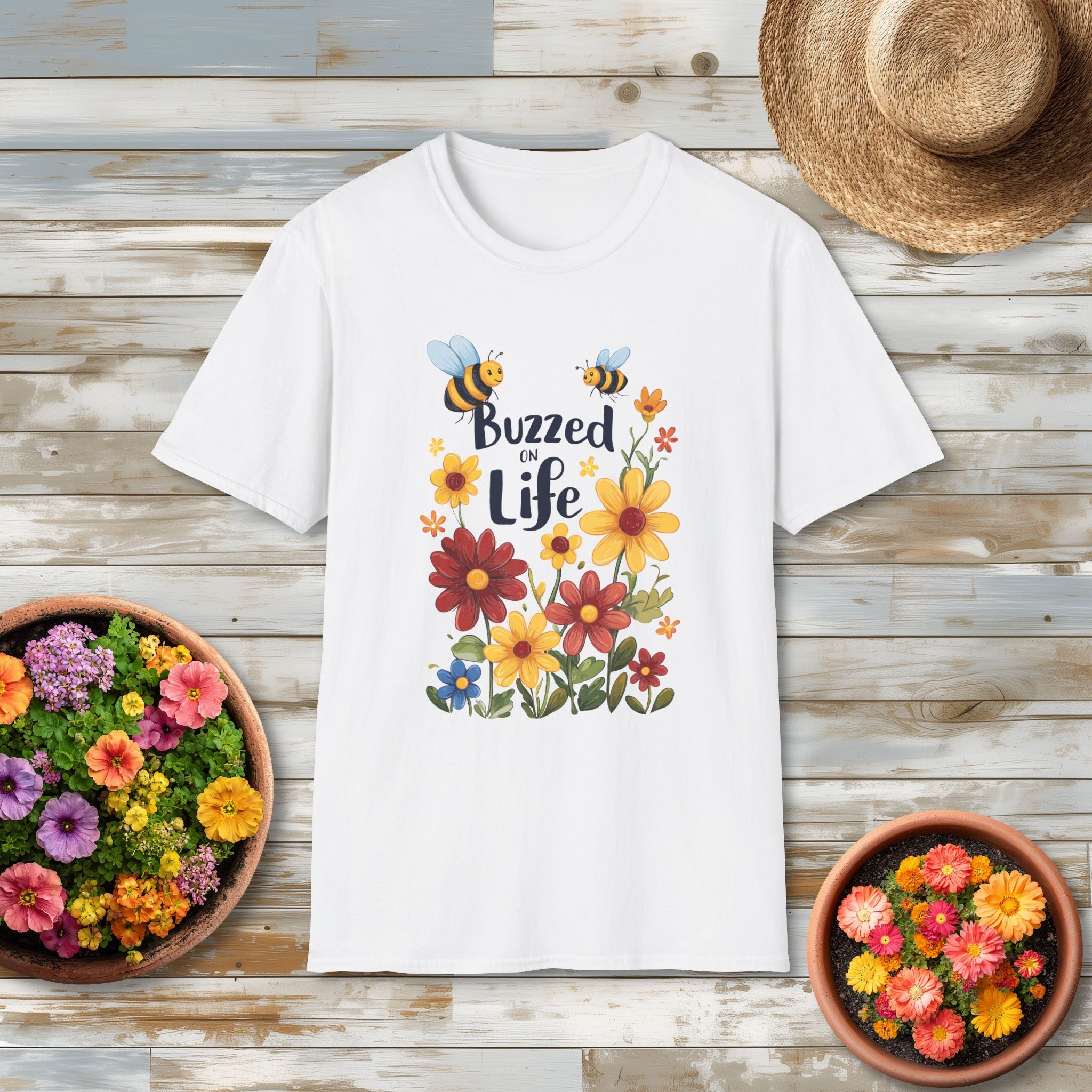 Cartoon Buzzed on Life Unisex T-Shirt for Gardeners, Nature Lovers