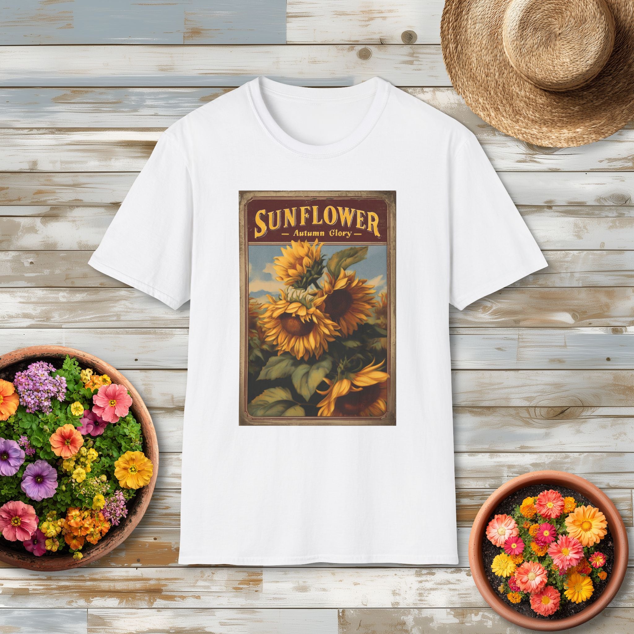 Vintage Sunflower Autumn Glory Seed Packet T-Shirt for Gardeners