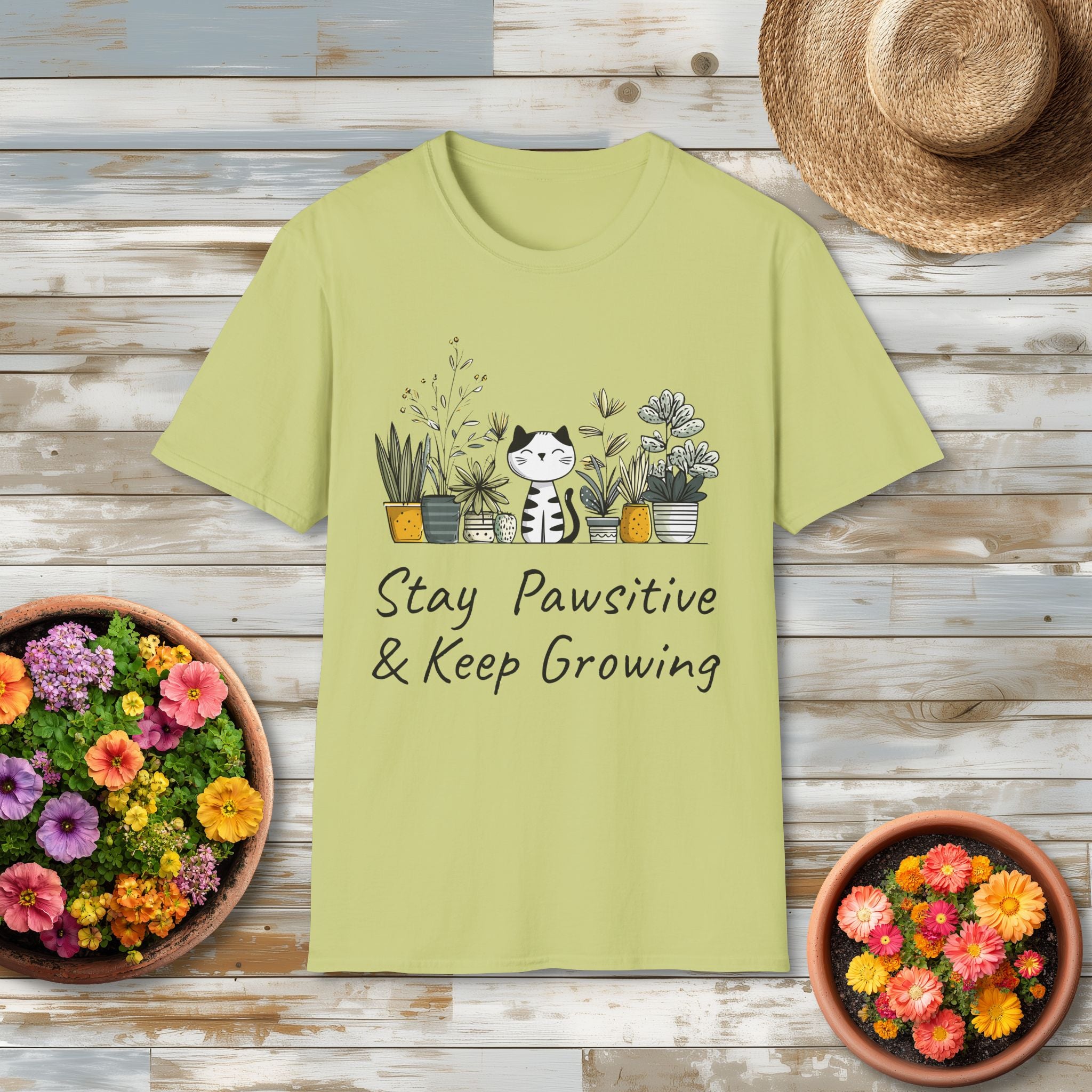 Stay Pawsitive & Keep Growing Cat and Plants T-Shirt