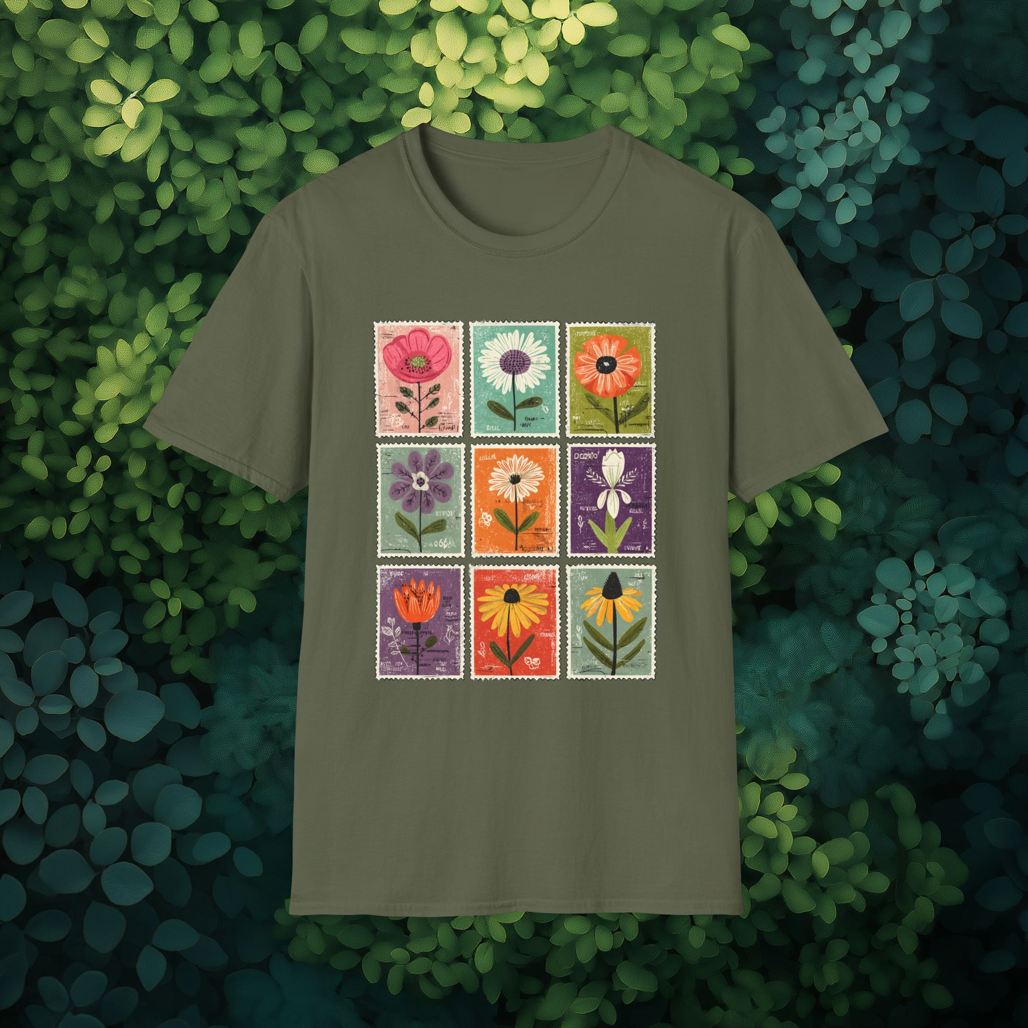 Whimsical Flower Stamp Collage T-Shirt for Gardeners