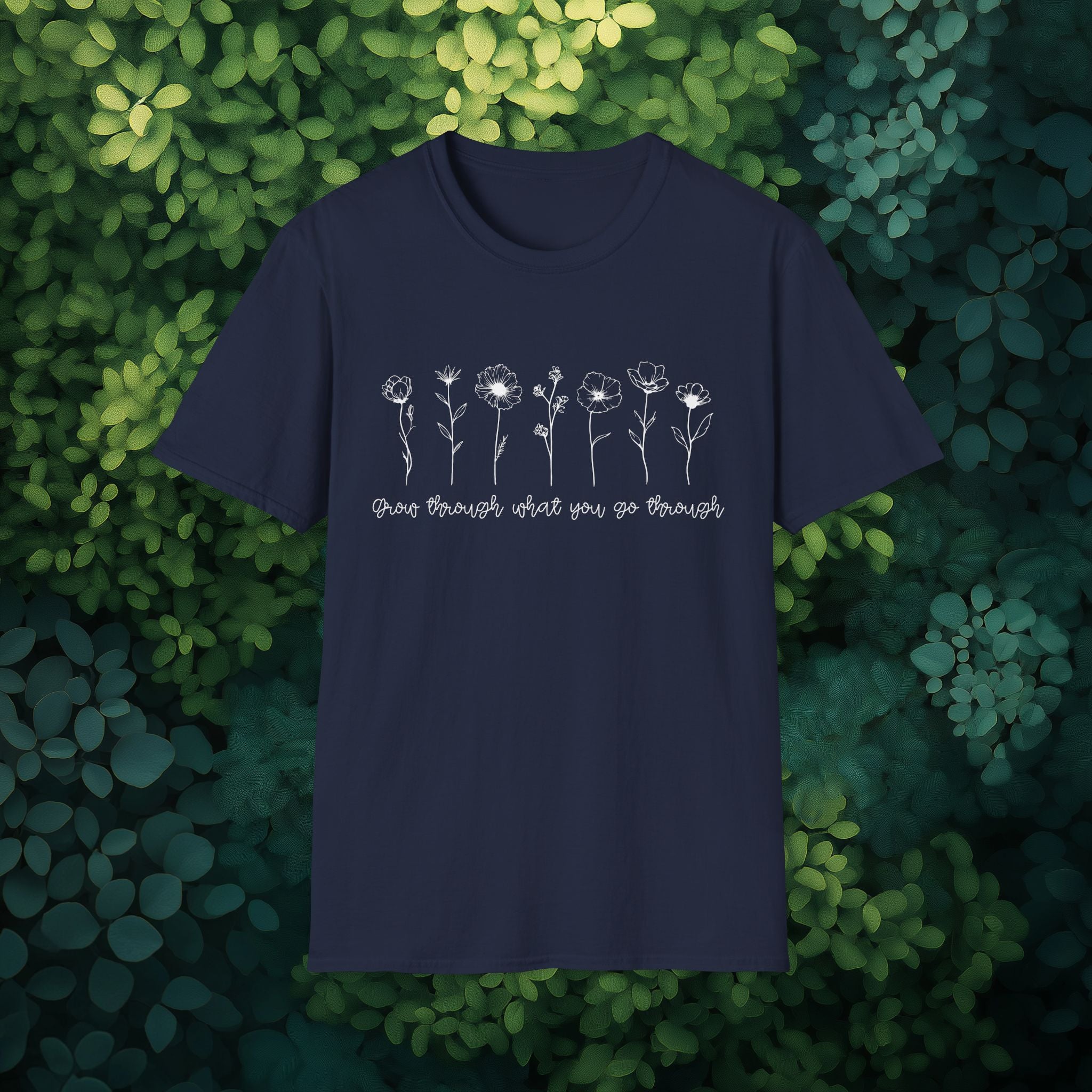 Grow Through What You Go Through Motivational Wildflower Line Art T-Shirt