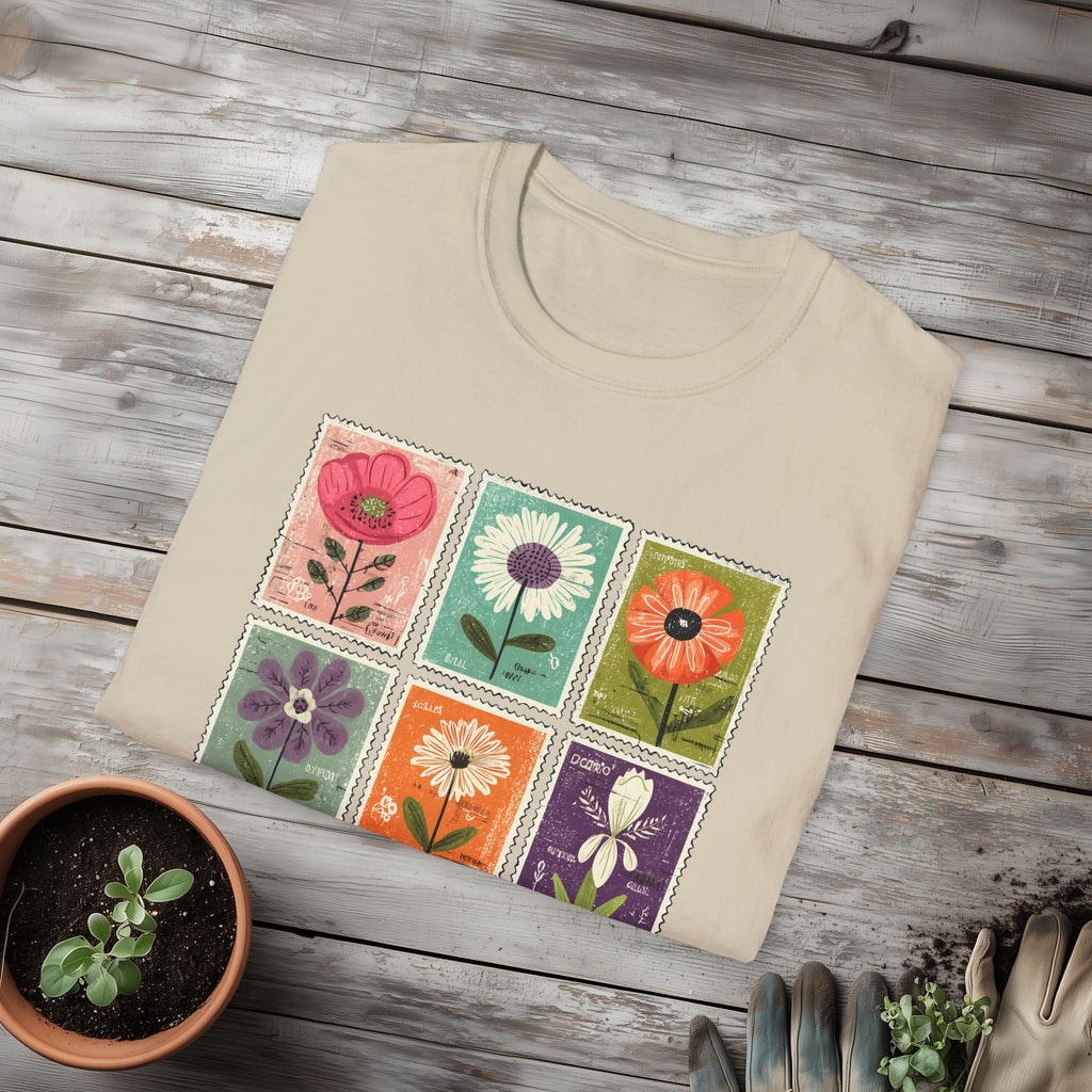 Whimsical Flower Stamp Collage T-Shirt for Gardeners