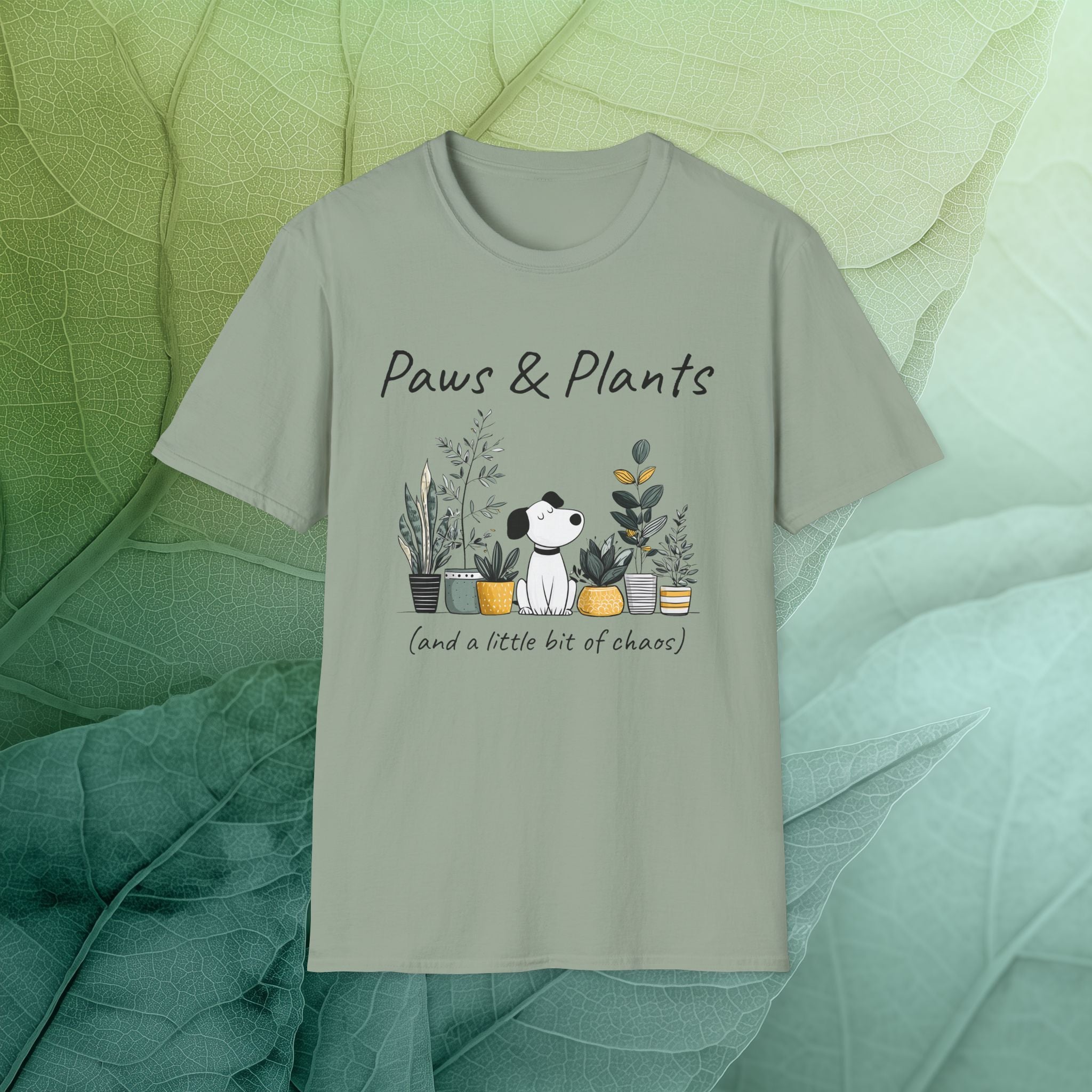 Cute Dog and Plants Tee – “Paws & Plants (and a little bit of chaos)”