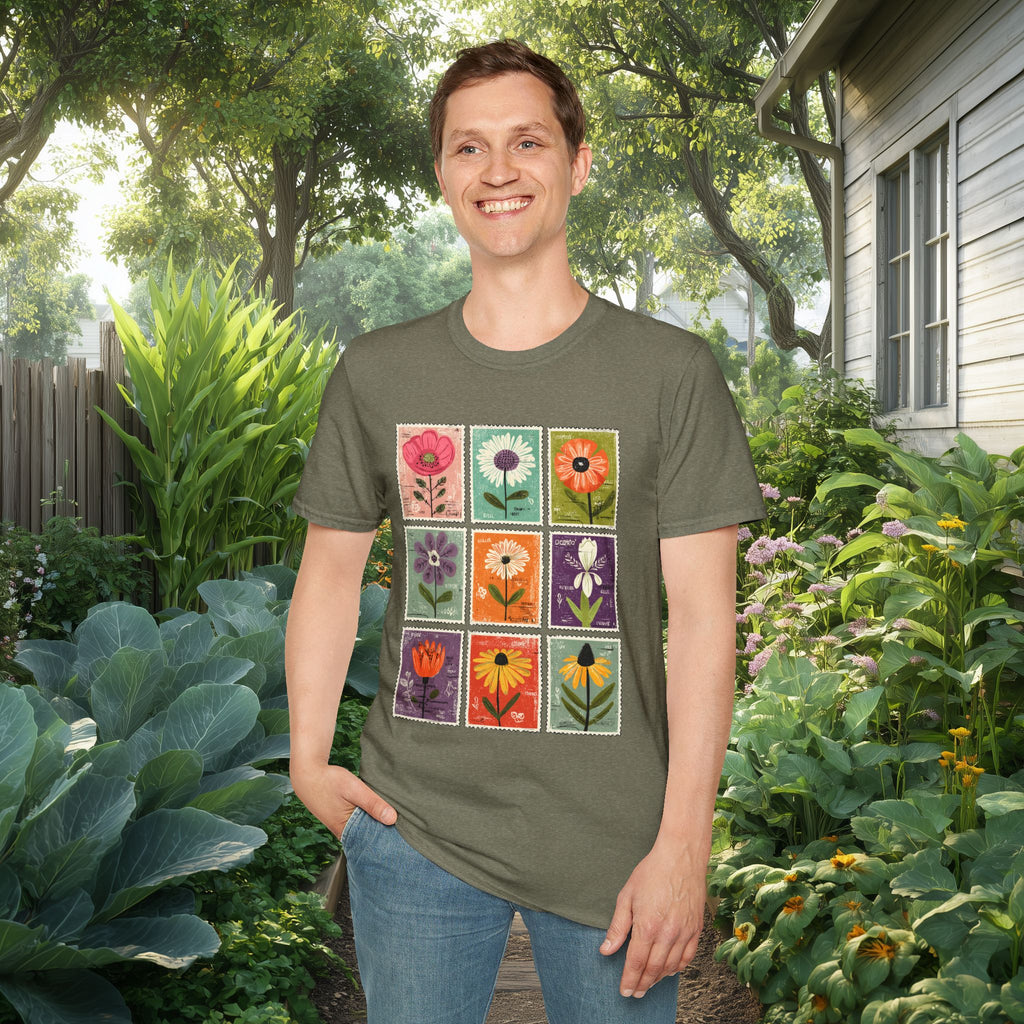 Whimsical Flower Stamp Collage T-Shirt for Gardeners