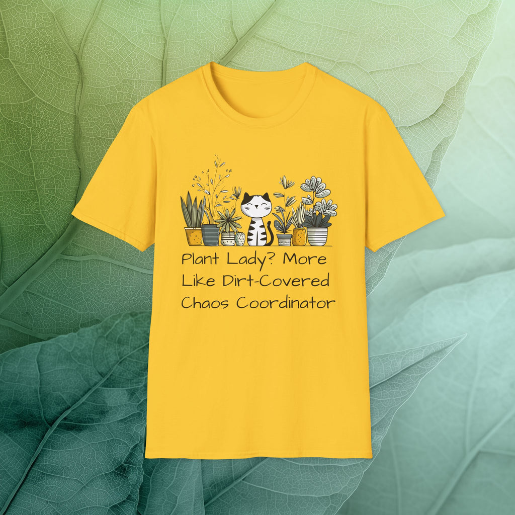 Dirt-Covered Chaos Coordinator T-Shirt – Funny Cat and Plant Life