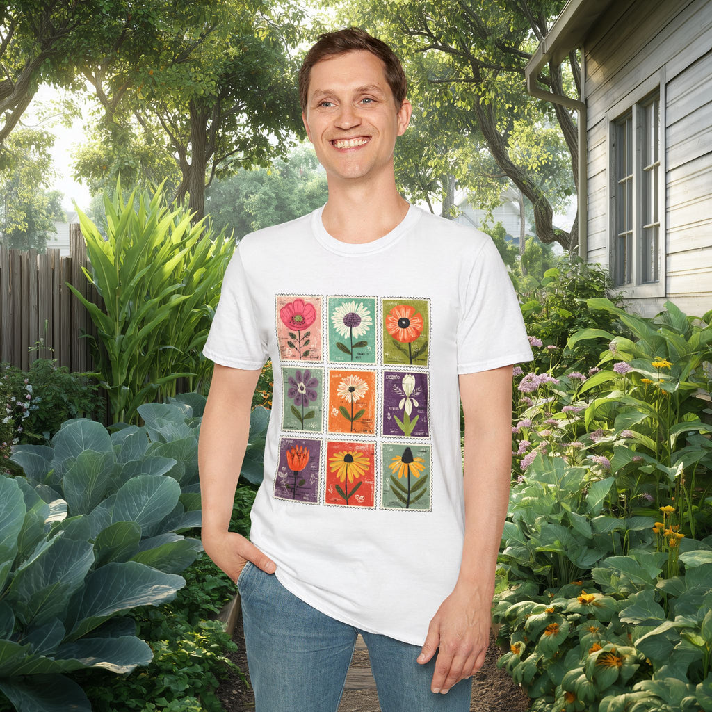 Whimsical Flower Stamp Collage T-Shirt for Gardeners
