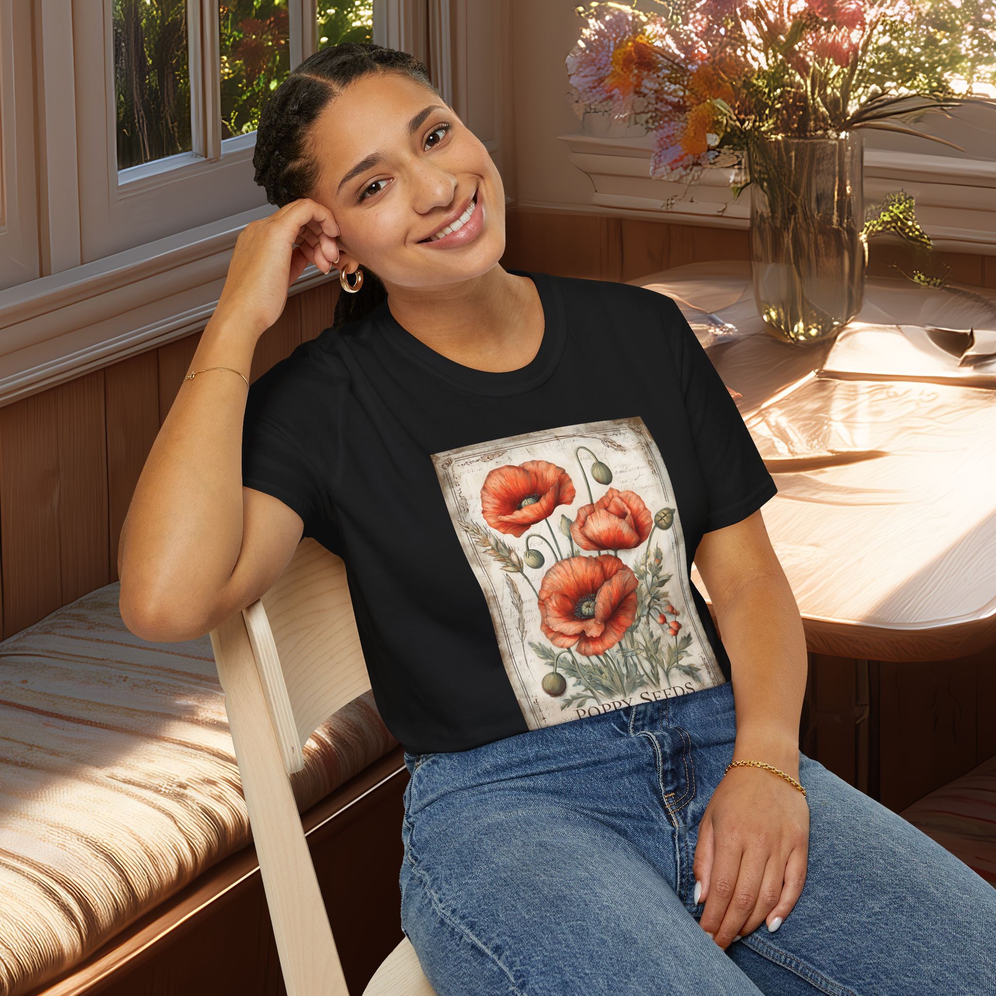 Vintage Scarlet Blooms Poppies Seed Packet Unisex T-Shirt for Gardeners, Nature Lovers, Summer Casual Wear