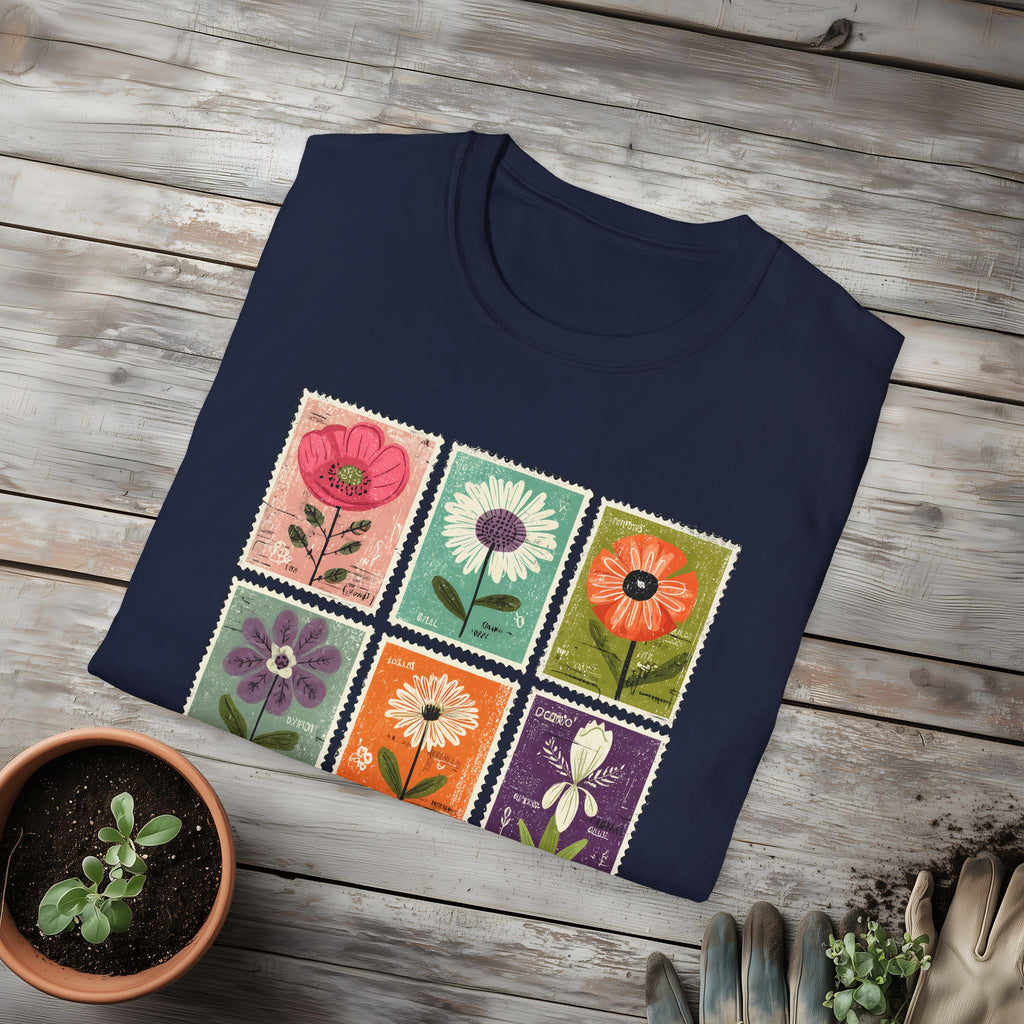 Whimsical Flower Stamp Collage T-Shirt for Gardeners