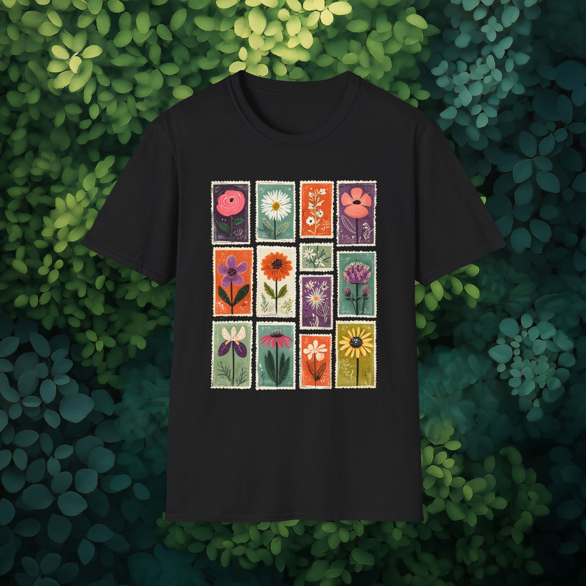 Charming Flower Stamp Collage T-Shirt for Gardeners
