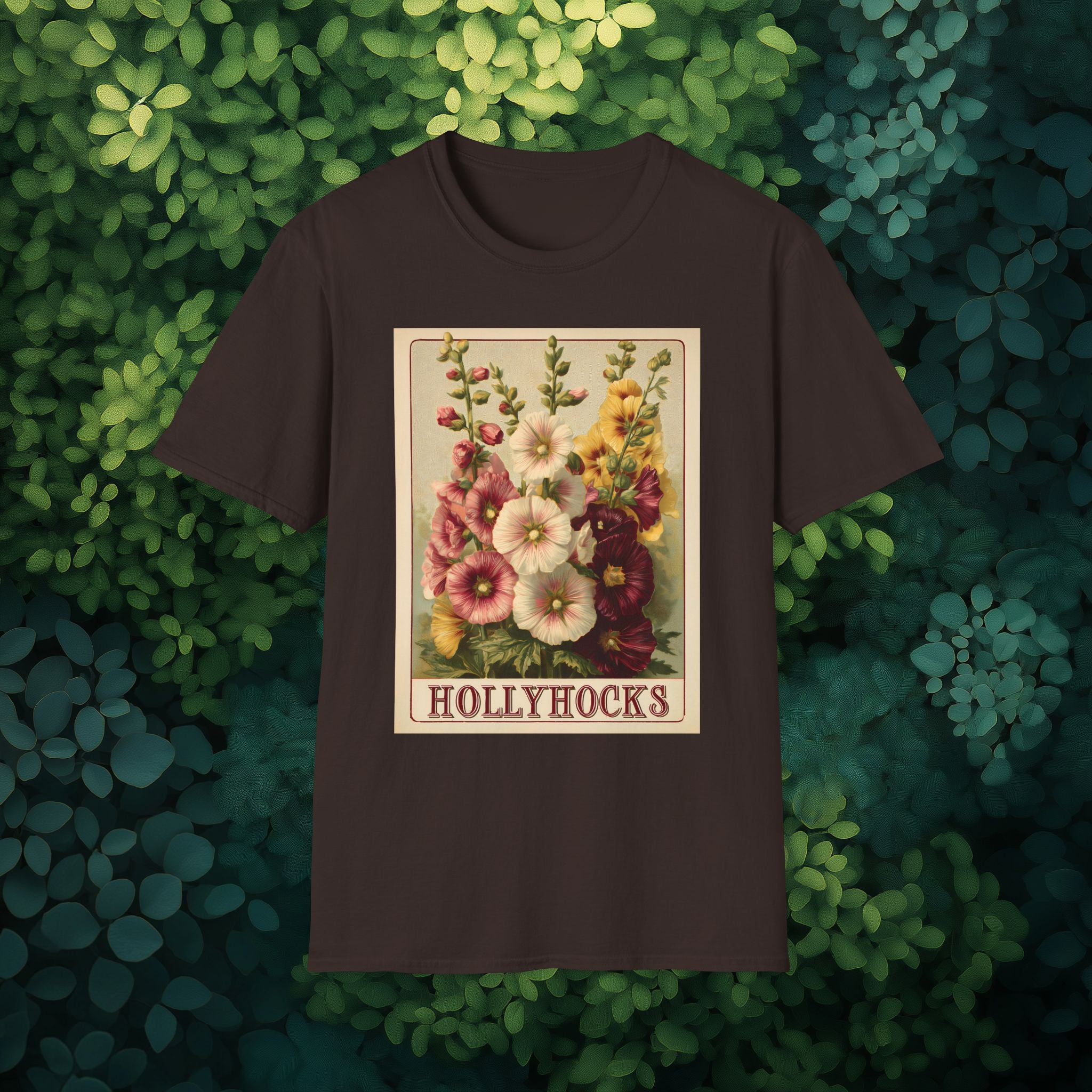 Vintage Hollyhock Seed Packet Unisex T-Shirt for Gardeners, Nature Lovers, Summer Casual Wear