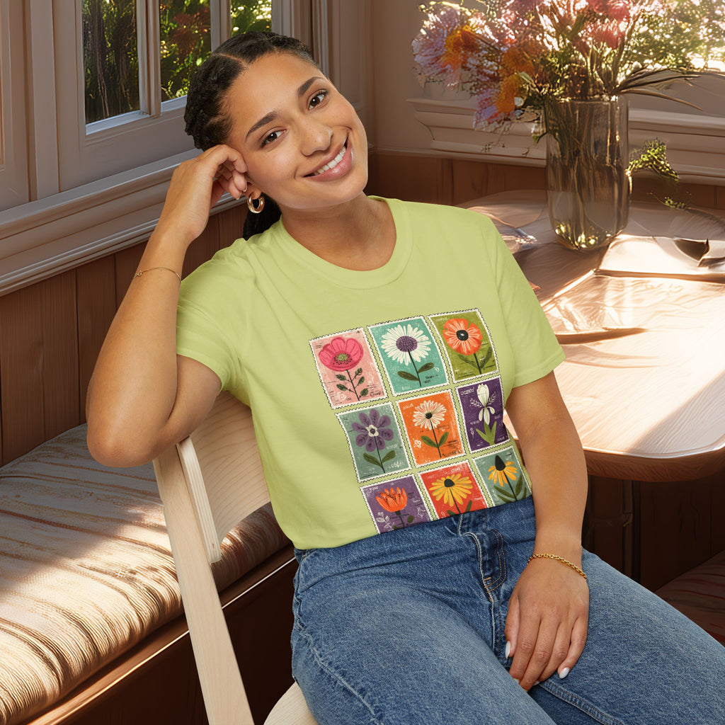 Whimsical Flower Stamp Collage T-Shirt for Gardeners