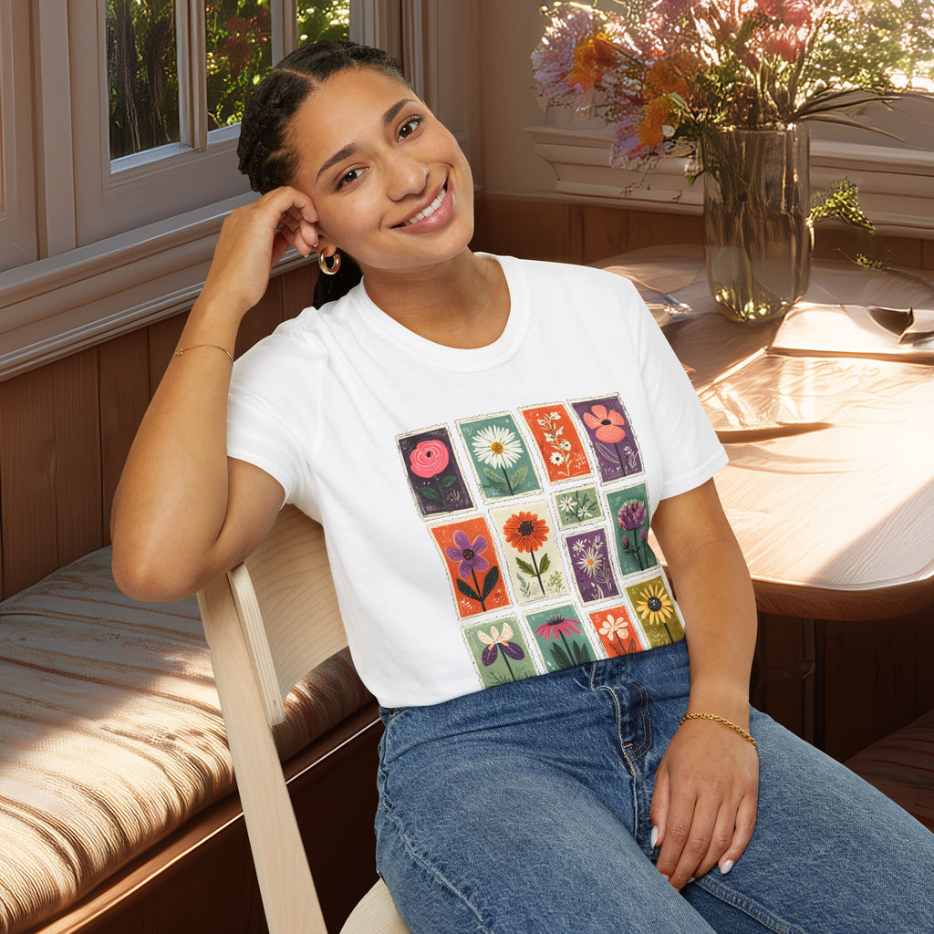 Charming Flower Stamp Collage T-Shirt for Gardeners