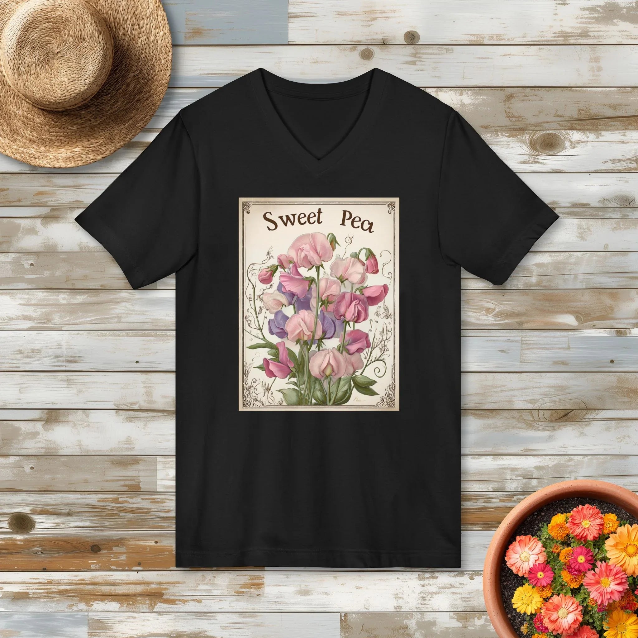 Sweet Pea Vintage Seed Packet V-Neck Shirt
