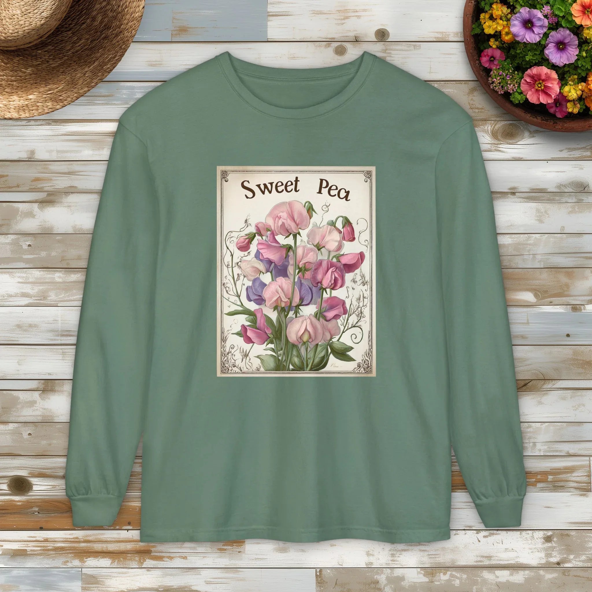 Sweet Peas Vintage Seed Packet Long Sleeve Tee