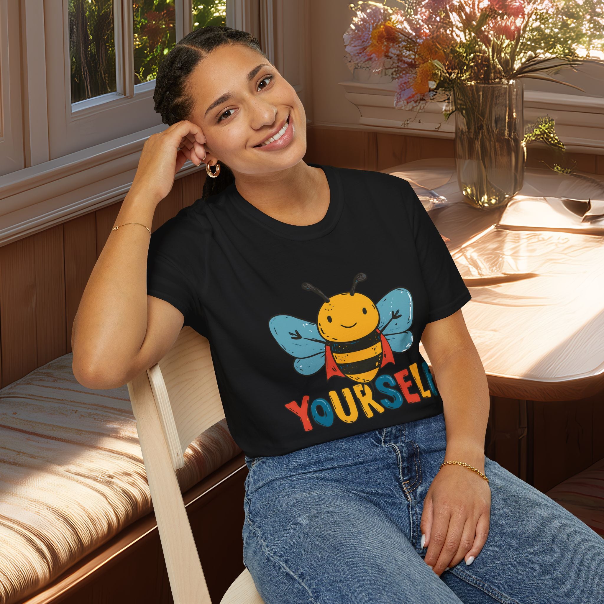 Cartoon Bee Yourself Unisex T-Shirt for Gardeners, Nature Lovers, Yoga Enthusiasts