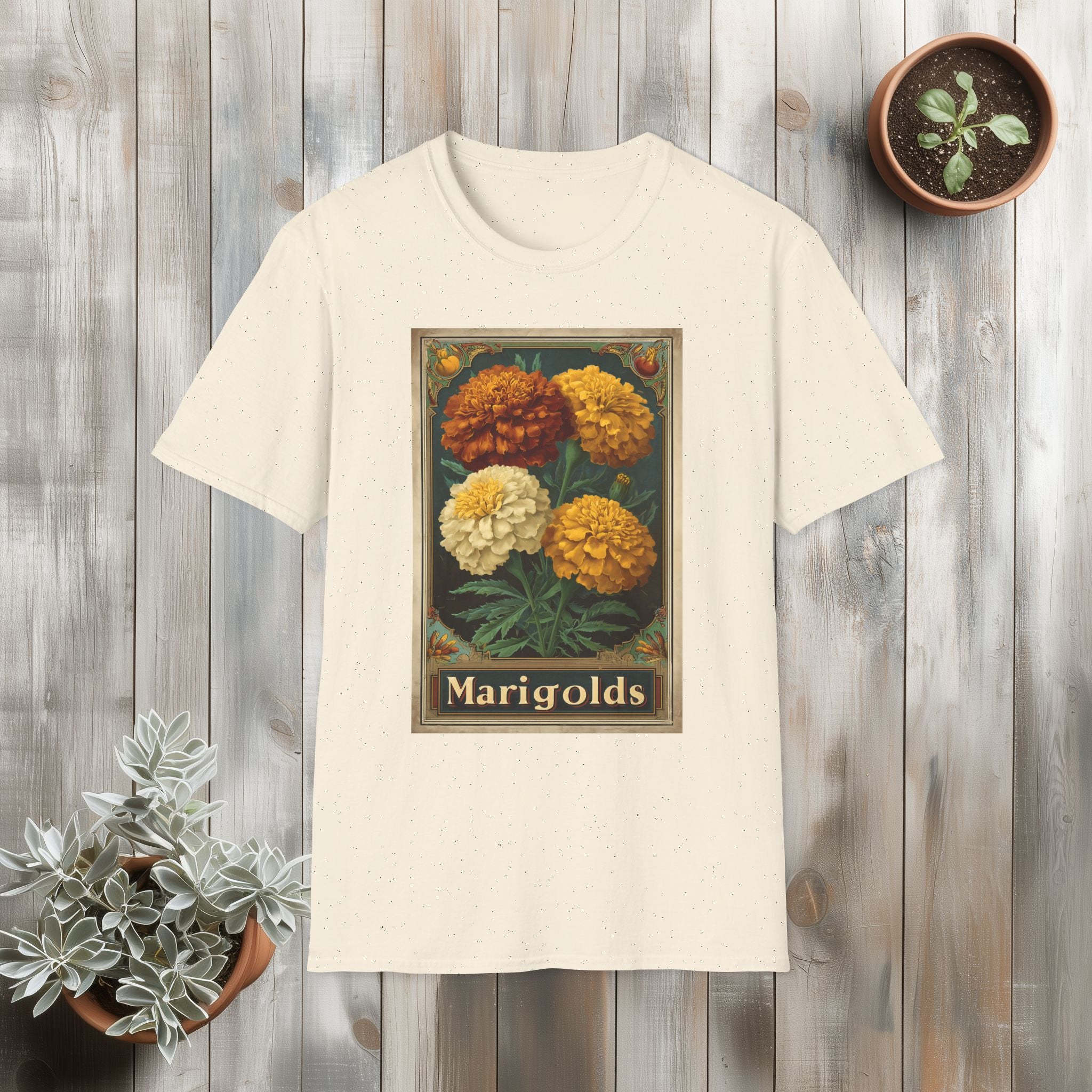 Vintage Marigolds Seed Packet Unisex T-Shirt for Gardeners, Nature Lovers