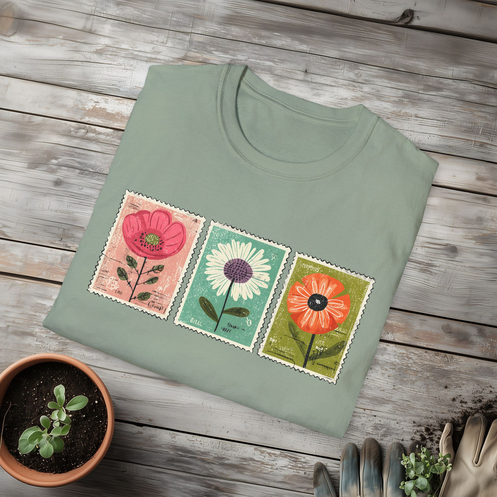 Charming Floral Stamp Trio T-Shirt for Gardeners