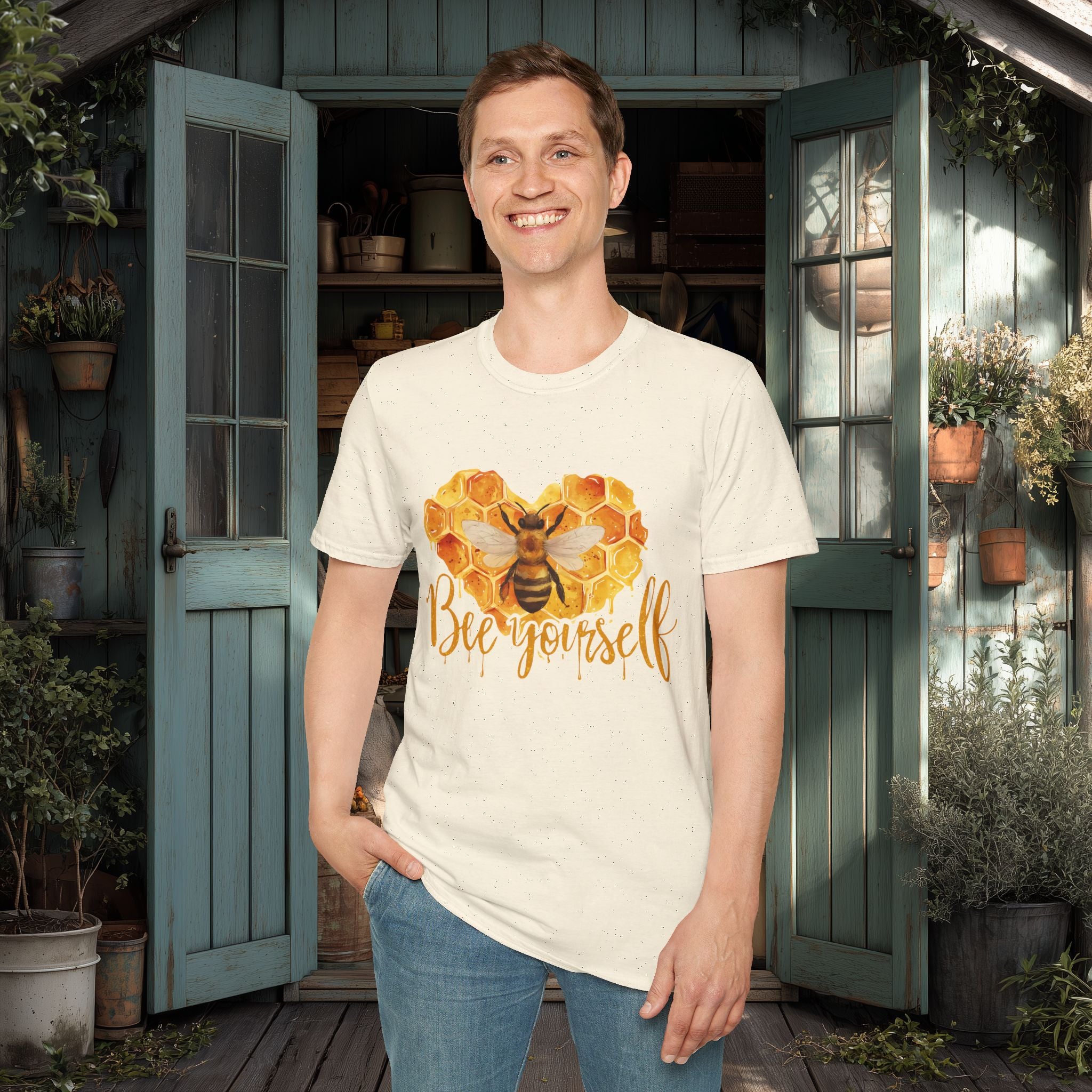 Sweet Honeycomb Heart Bee Yourself Unisex T-Shirt for Gardeners, Nature Lovers, Bee Enthusiasts