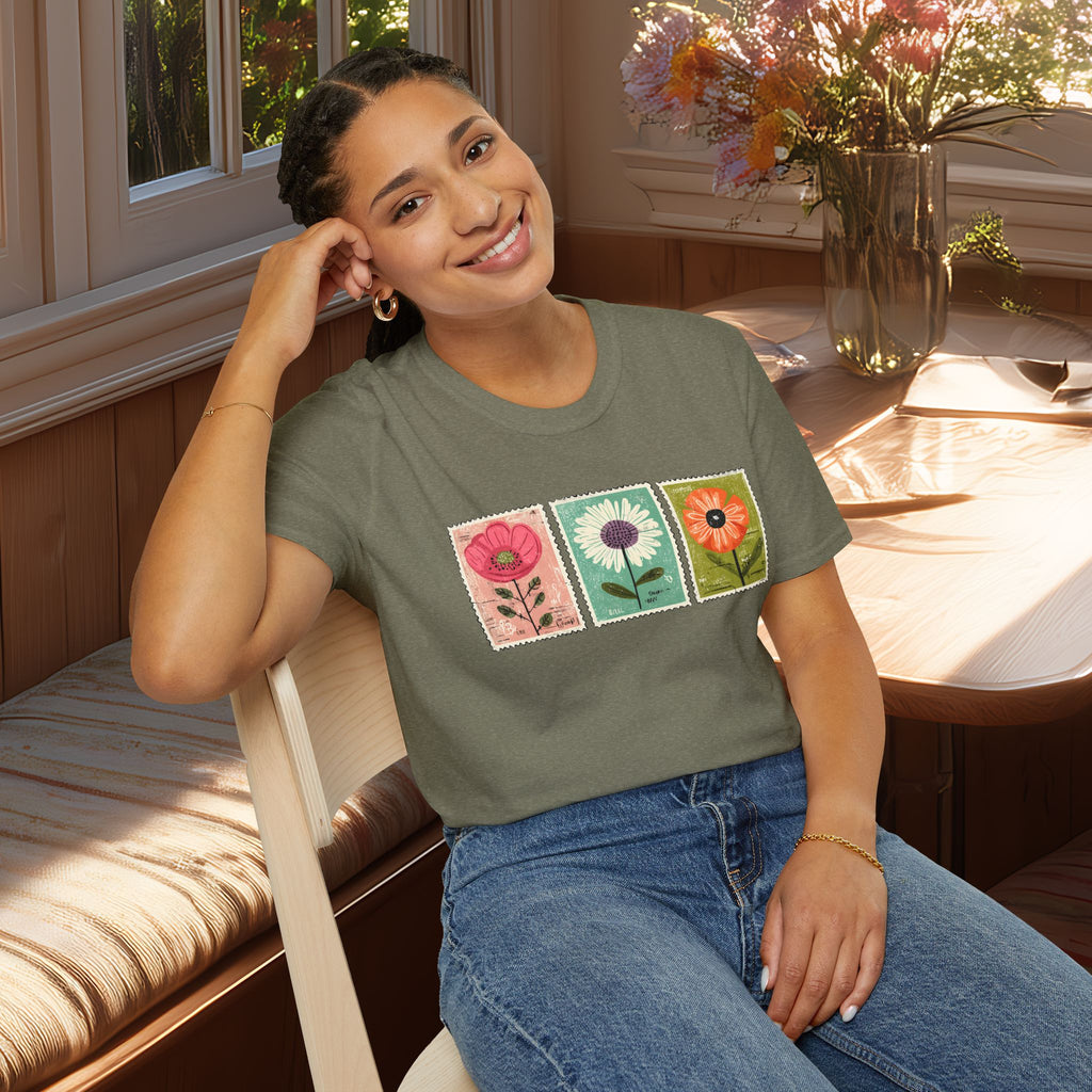 Charming Floral Stamp Trio T-Shirt for Gardeners