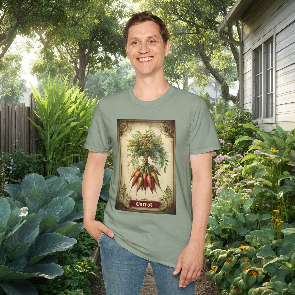 Retro Carrot Vegetable Seed Packet Unisex T-Shirt for Gardeners, Nature Lovers, Summer Casual Wear