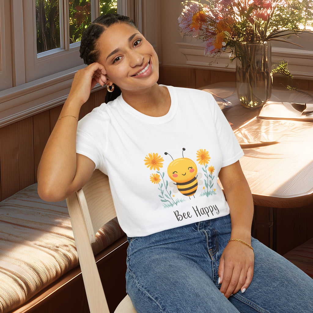 Cartoon Bee Happy Unisex T-Shirt for Gardeners, Nature Lovers, Bee Enthusiasts