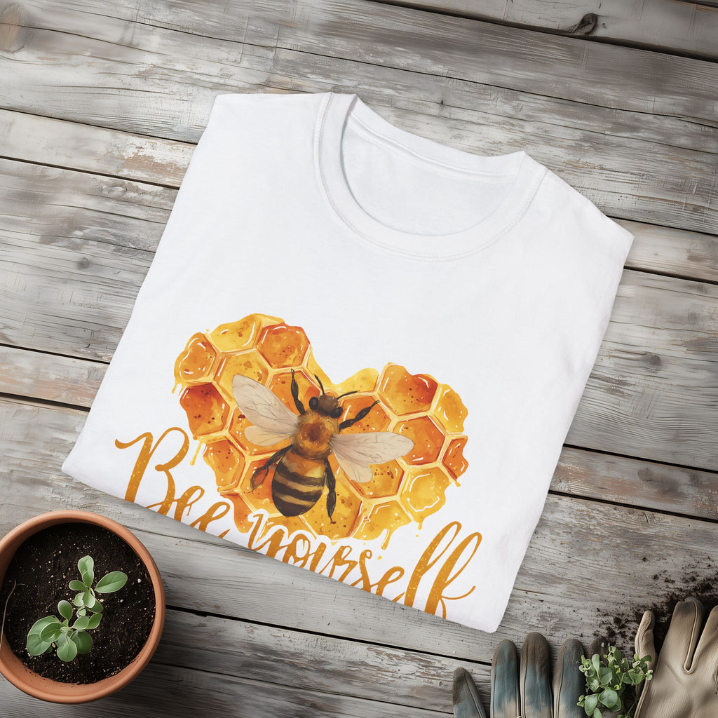 Sweet Honeycomb Heart Bee Yourself Unisex T-Shirt for Gardeners, Nature Lovers, Bee Enthusiasts