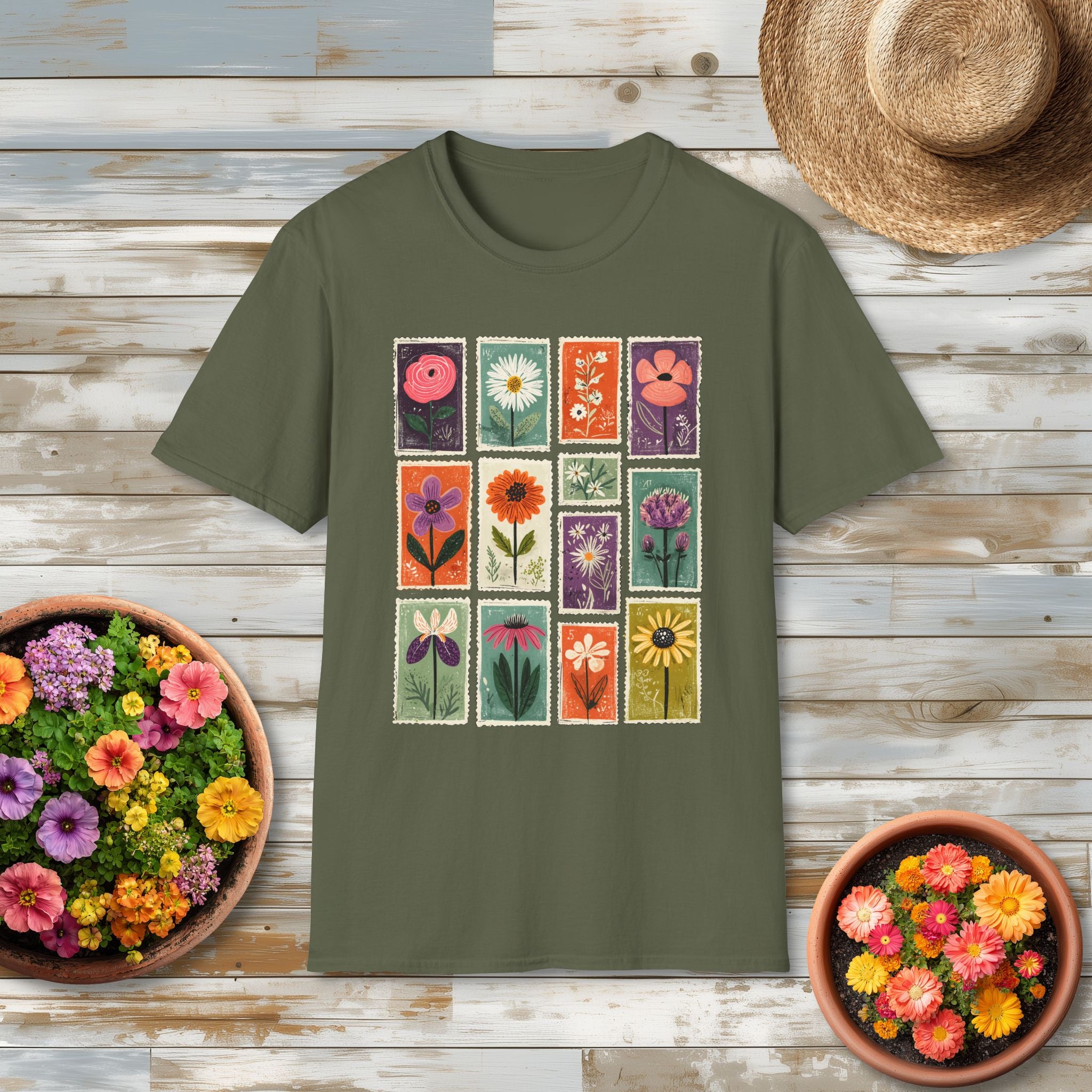 Charming Flower Stamp Collage T-Shirt for Gardeners