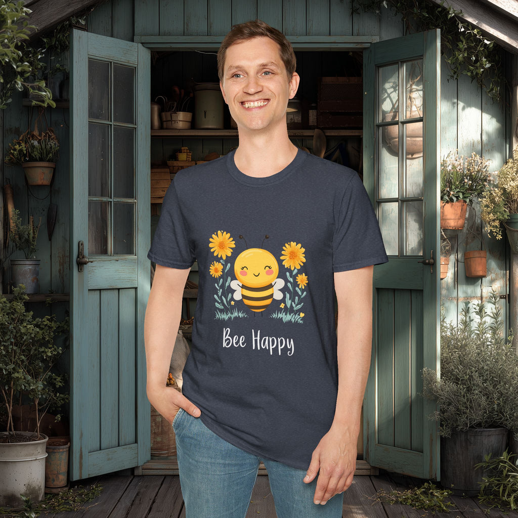 Cartoon Bee Happy Unisex T-Shirt for Gardeners, Nature Lovers, Bee Enthusiasts