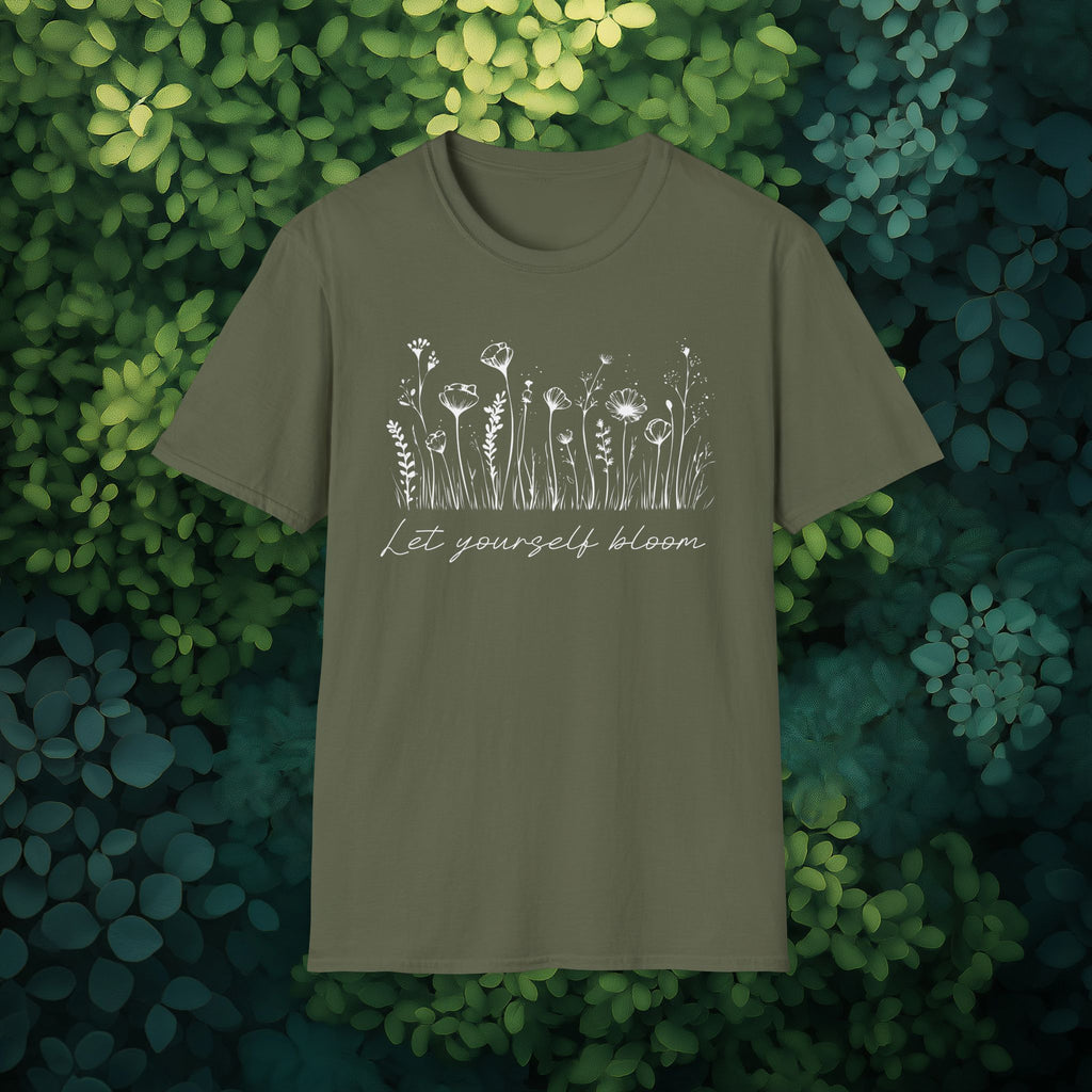 Let Yourself Bloom Motivational Wildflower Line Art T-Shirt