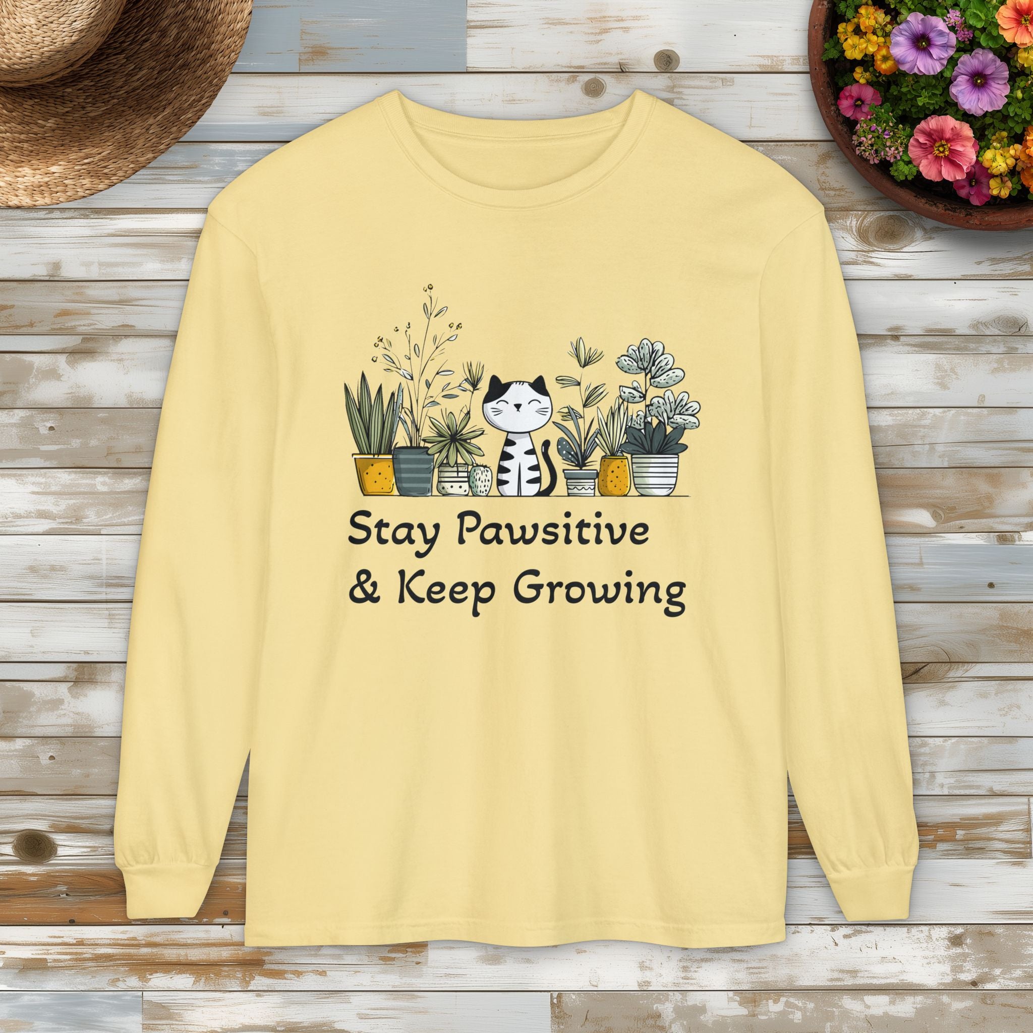 Stay Pawsitive & Keep Growing Cat Lover Long Sleeve T-Shirt