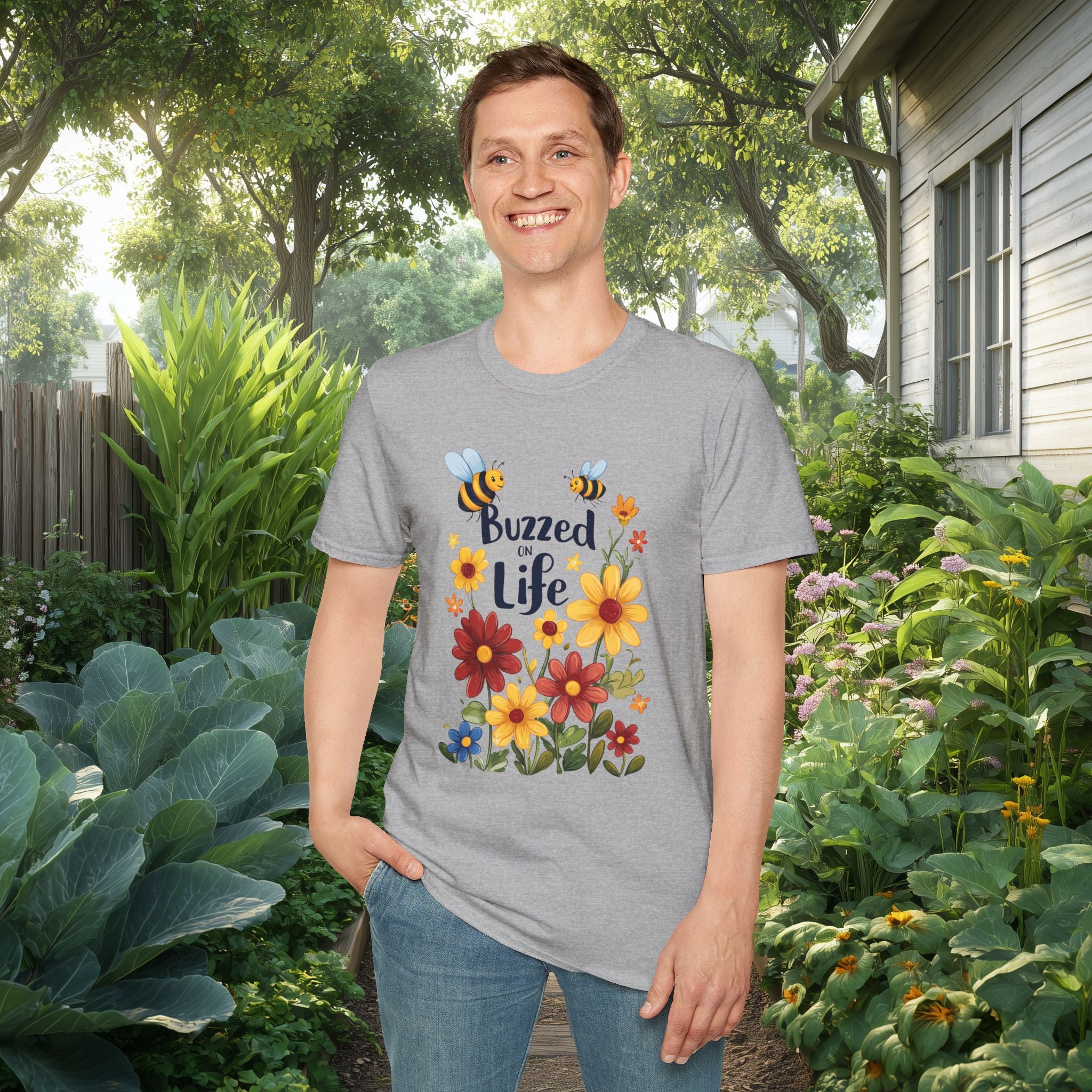 Cartoon Buzzed on Life Unisex T-Shirt for Gardeners, Nature Lovers