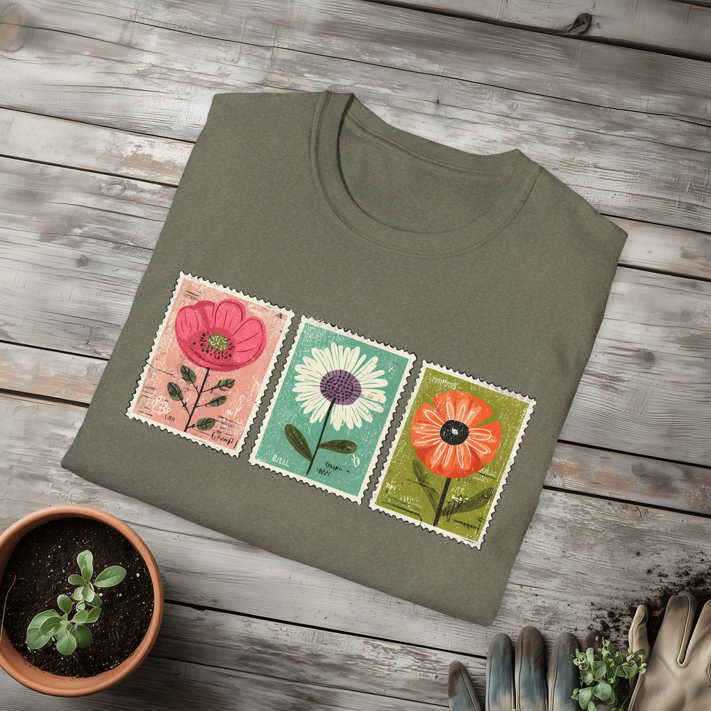 Charming Floral Stamp Trio T-Shirt for Gardeners