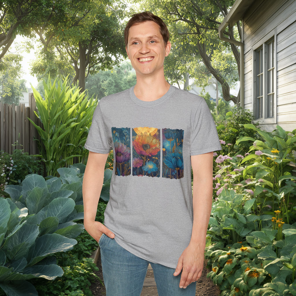 Floral  Brushstroke Triptych Unisex T-Shirt for Gardeners, Nature Lovers, Yoga Enthusiasts