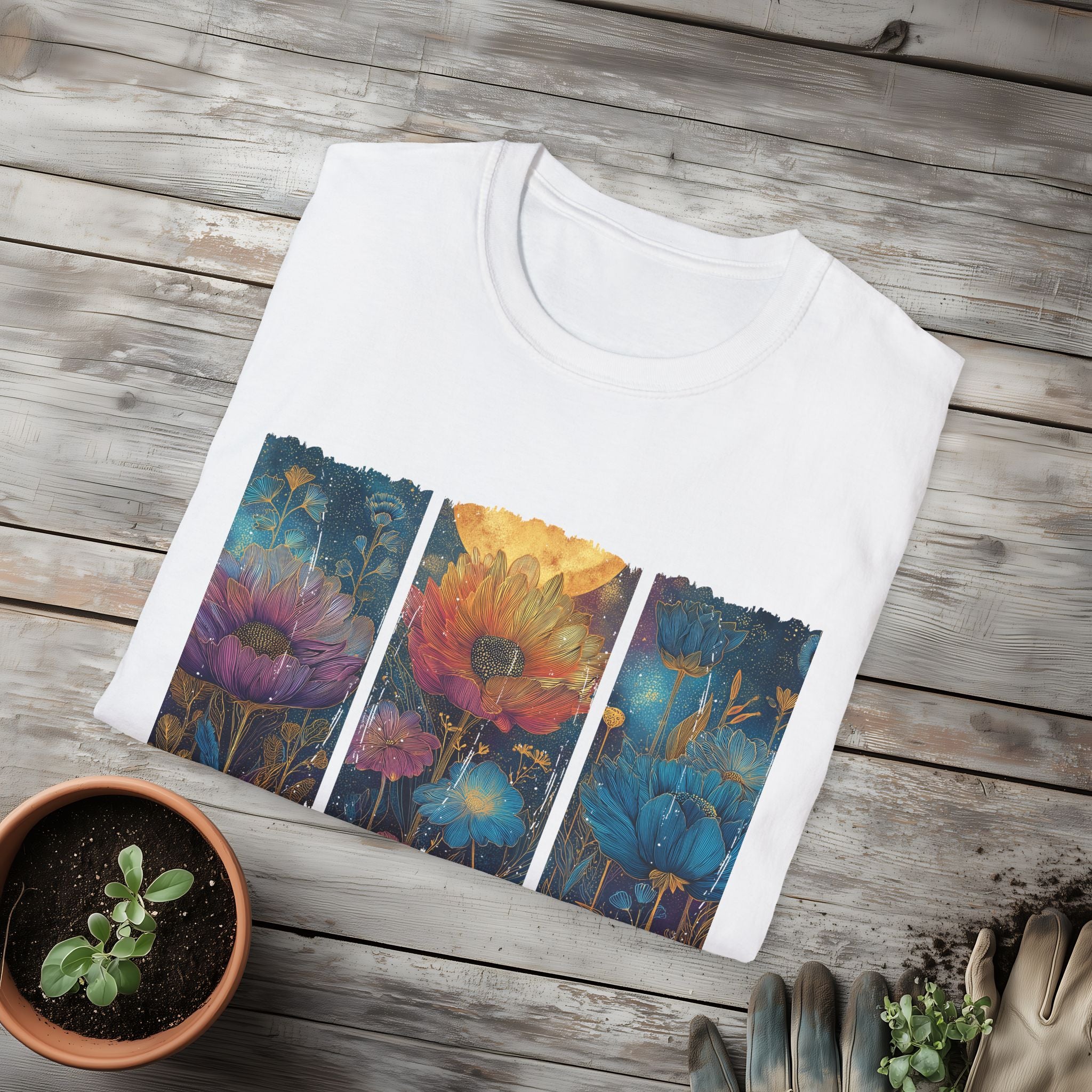 Floral  Brushstroke Triptych Unisex T-Shirt for Gardeners, Nature Lovers, Yoga Enthusiasts