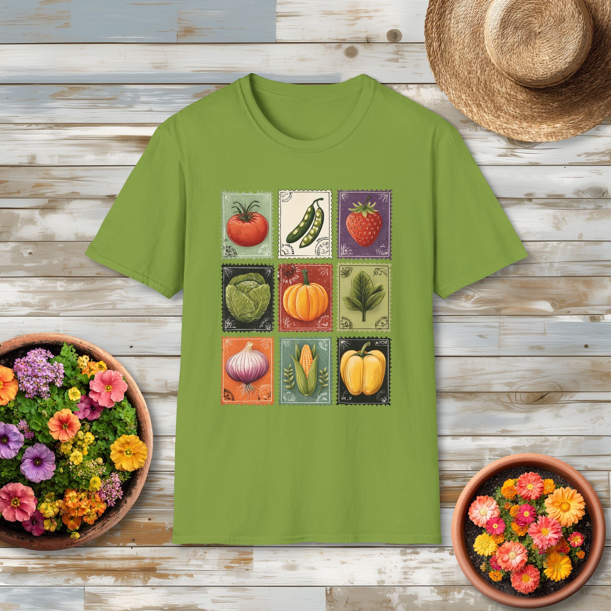 Garden Vegetable Postage Stamp Collage T-Shirt for Gardeners